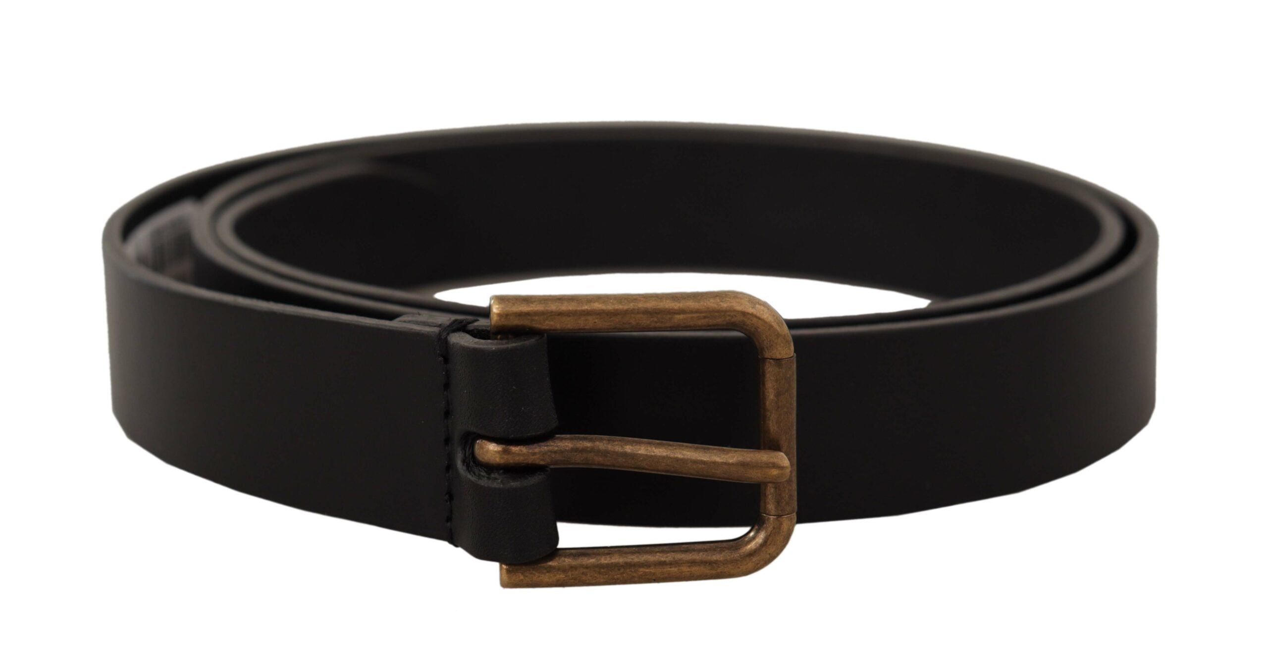 Black Calf Leather Brass Logo Engraved Buckle Belt - ventzia