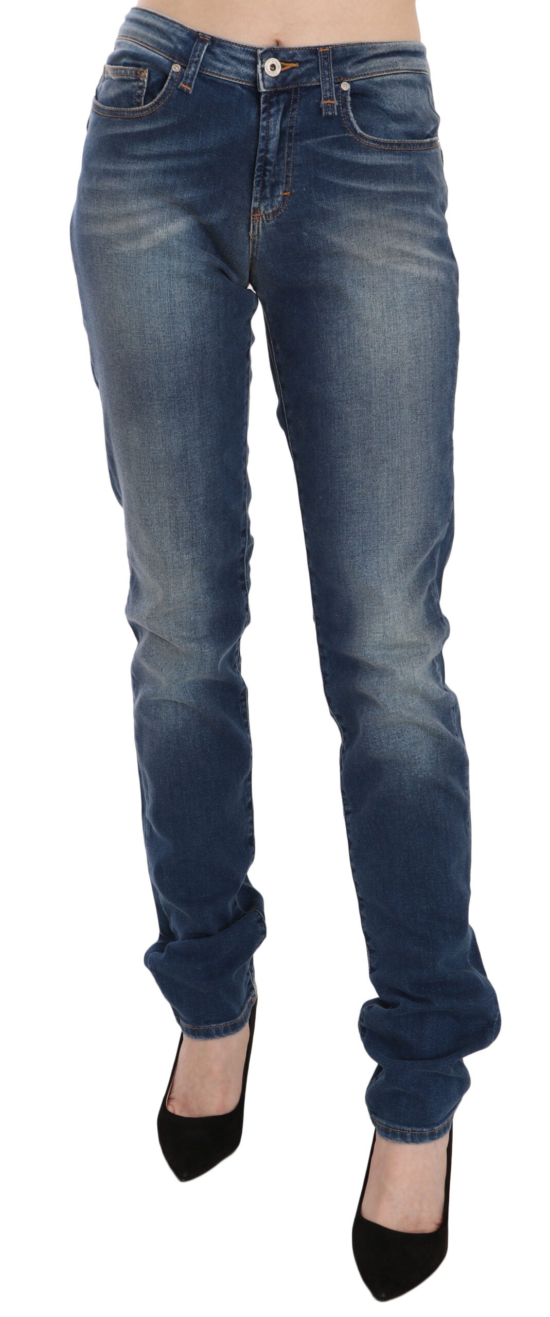 Blue Washed Mid Waist Slim Fit Denim Jeans - ventzia