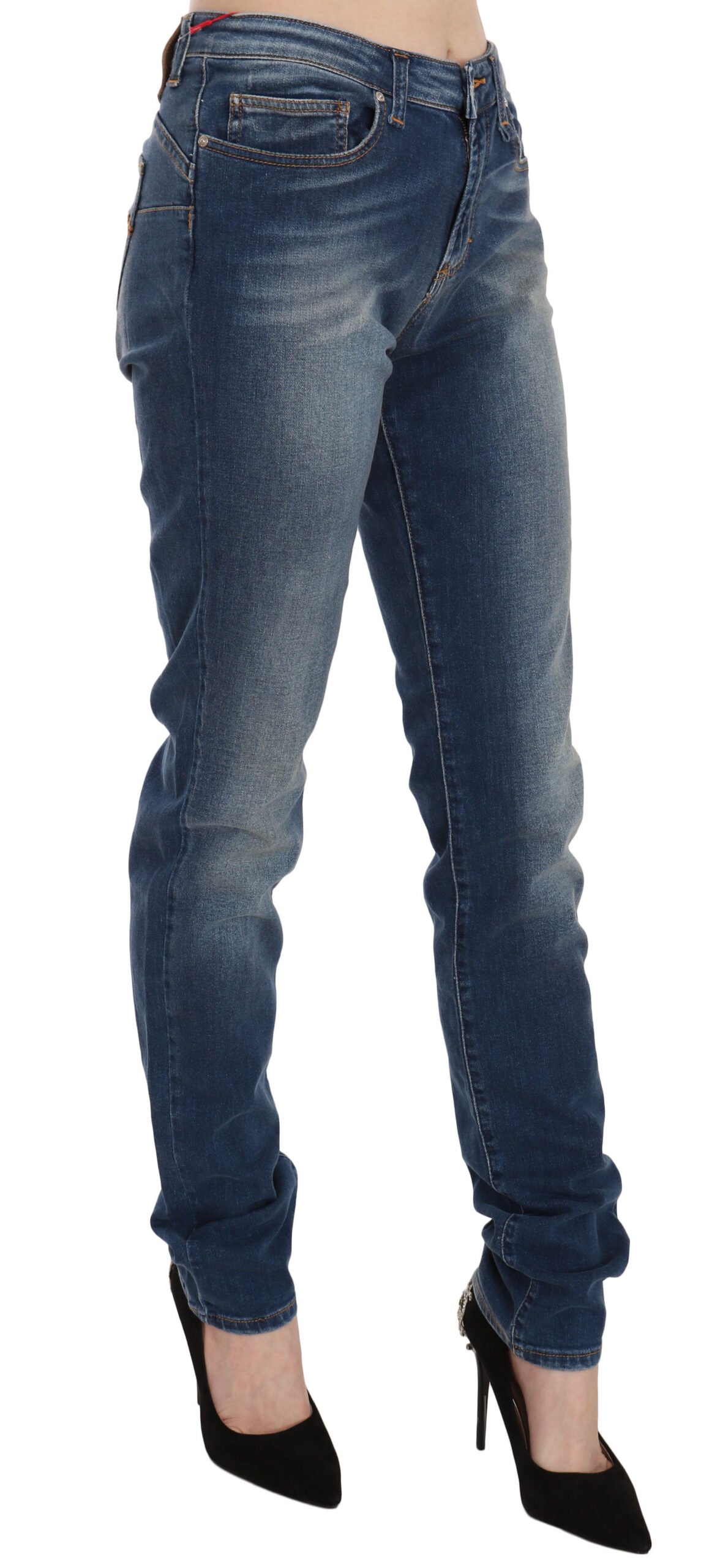 Blue Washed Mid Waist Slim Fit Denim Jeans - ventzia