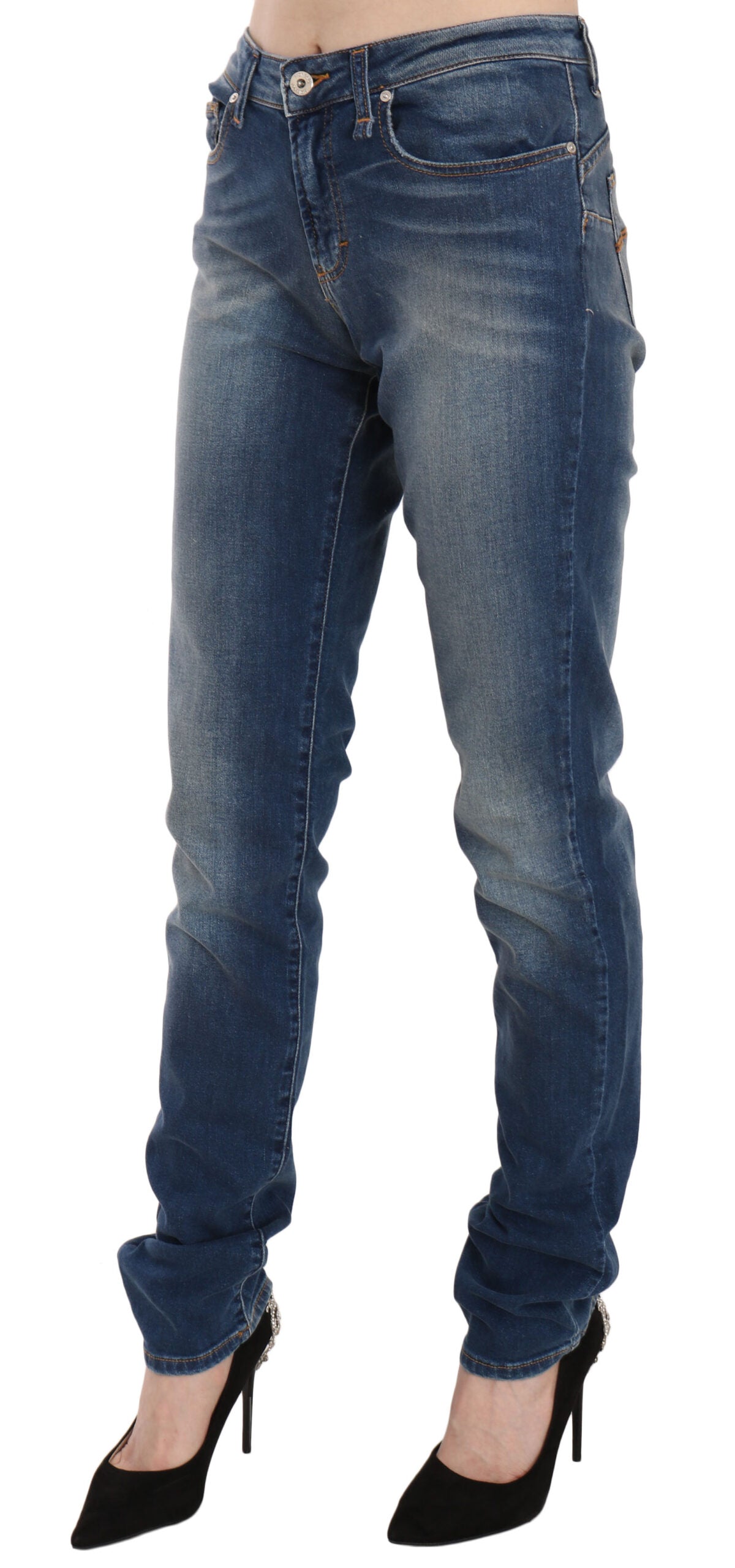 Blue Washed Mid Waist Slim Fit Denim Jeans - ventzia