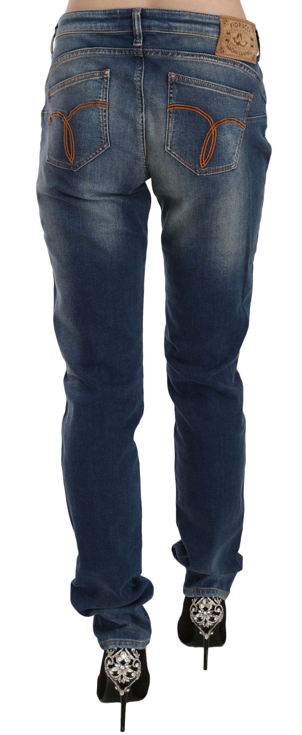 Blue Washed Mid Waist Slim Fit Denim Jeans - ventzia