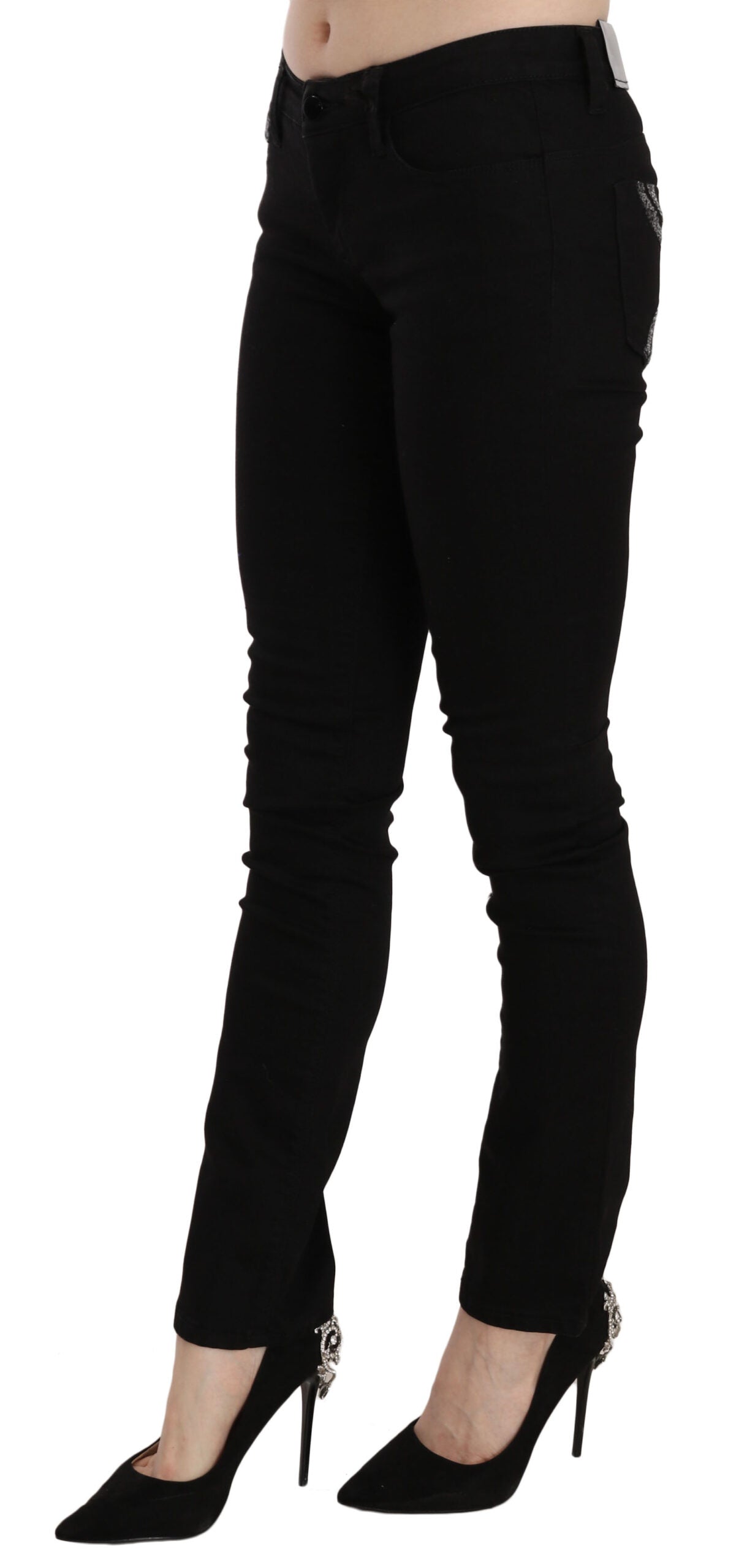 Black Sequined Mid Waist Slim Fit Denim Jeans - ventzia