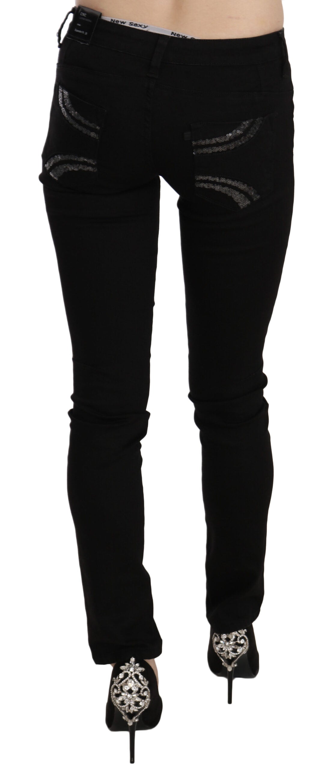Black Sequined Mid Waist Slim Fit Denim Jeans - ventzia