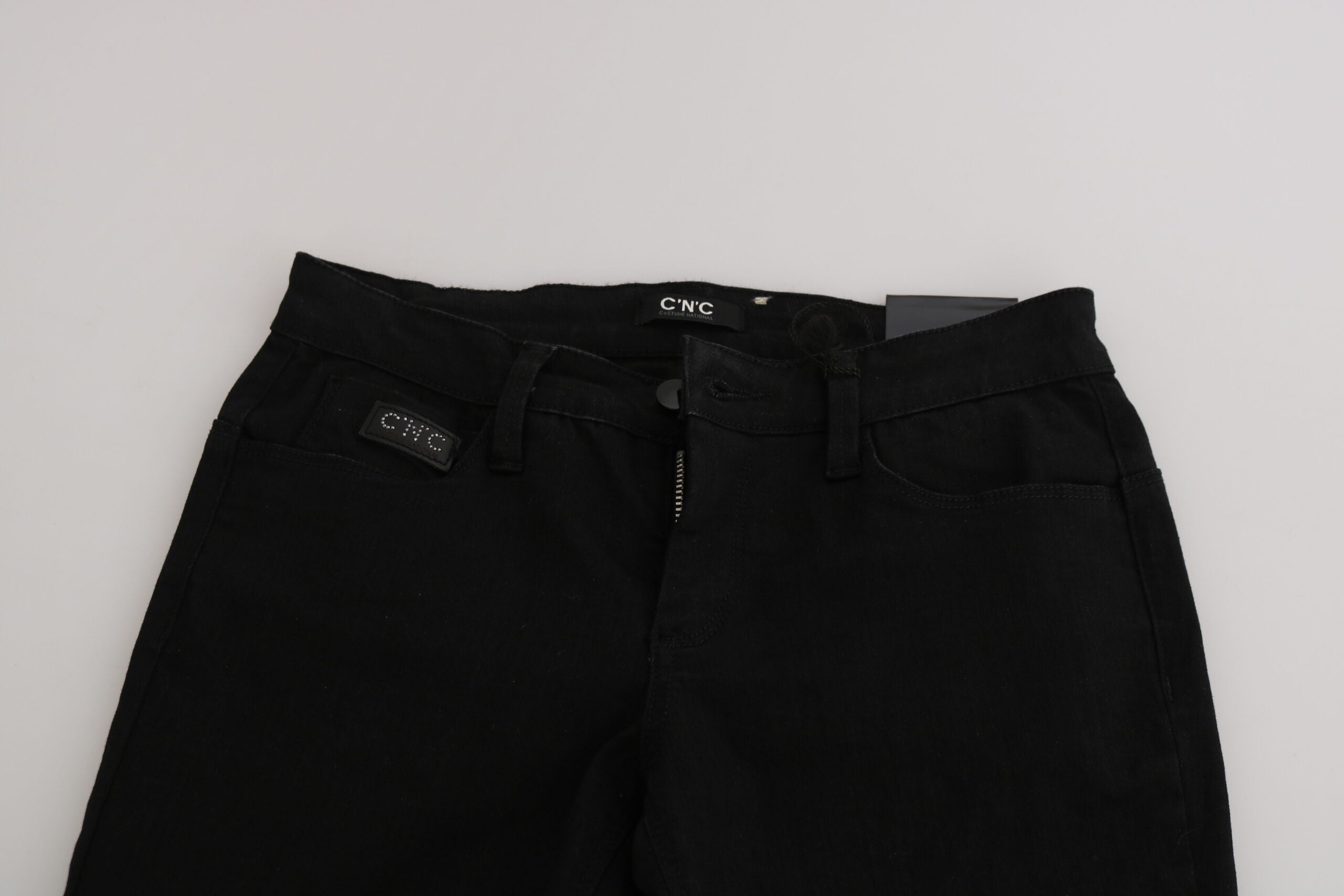 Black Sequined Mid Waist Slim Fit Denim Jeans - ventzia