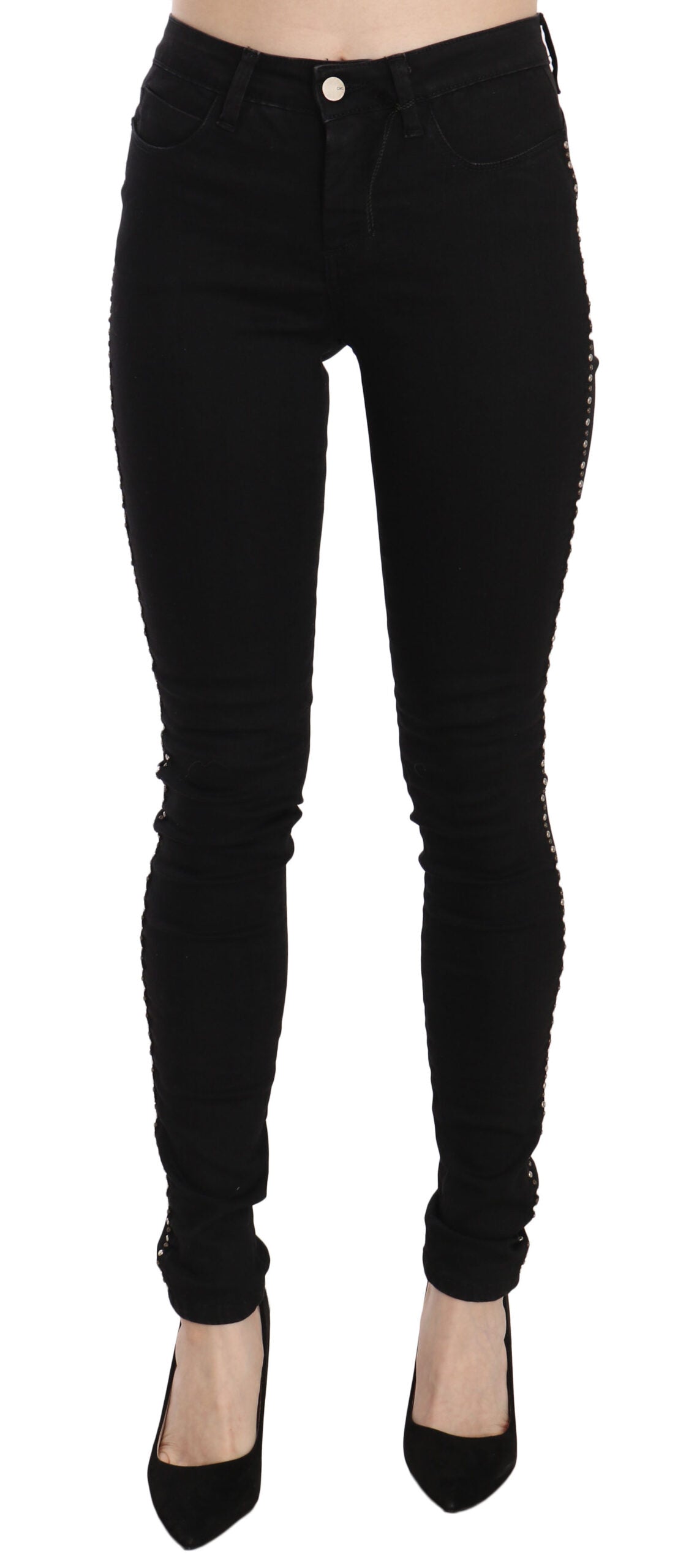 Black Embellished Mid Waist Skinny Denim Jeans - ventzia