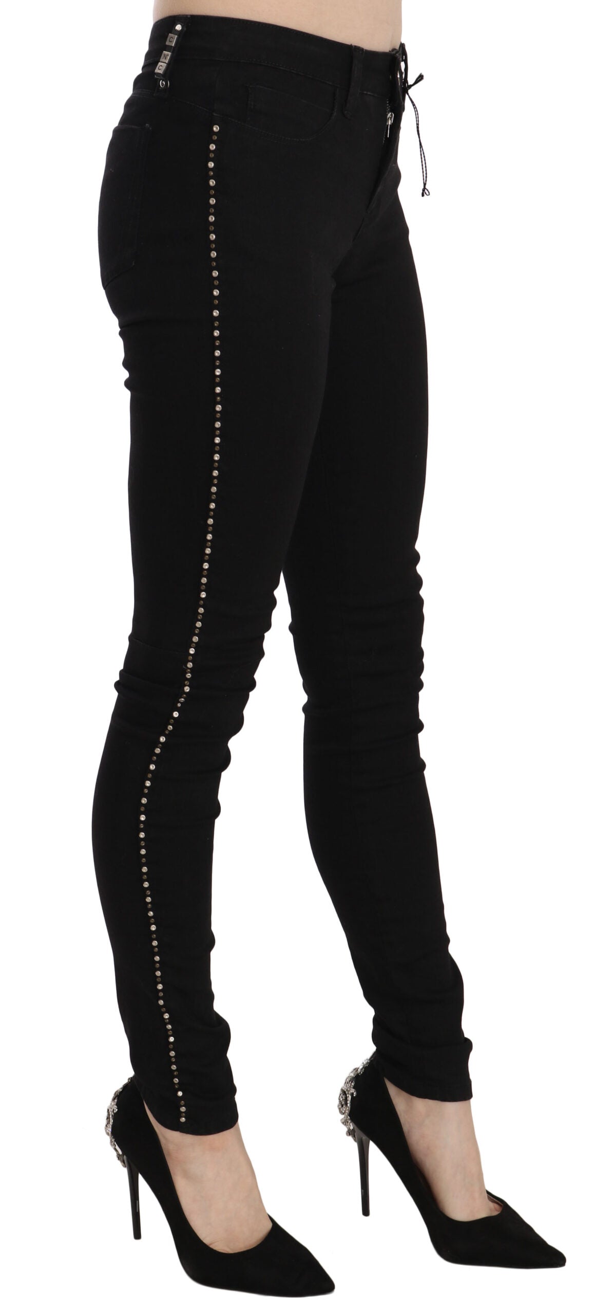 Black Embellished Mid Waist Skinny Denim Jeans - ventzia