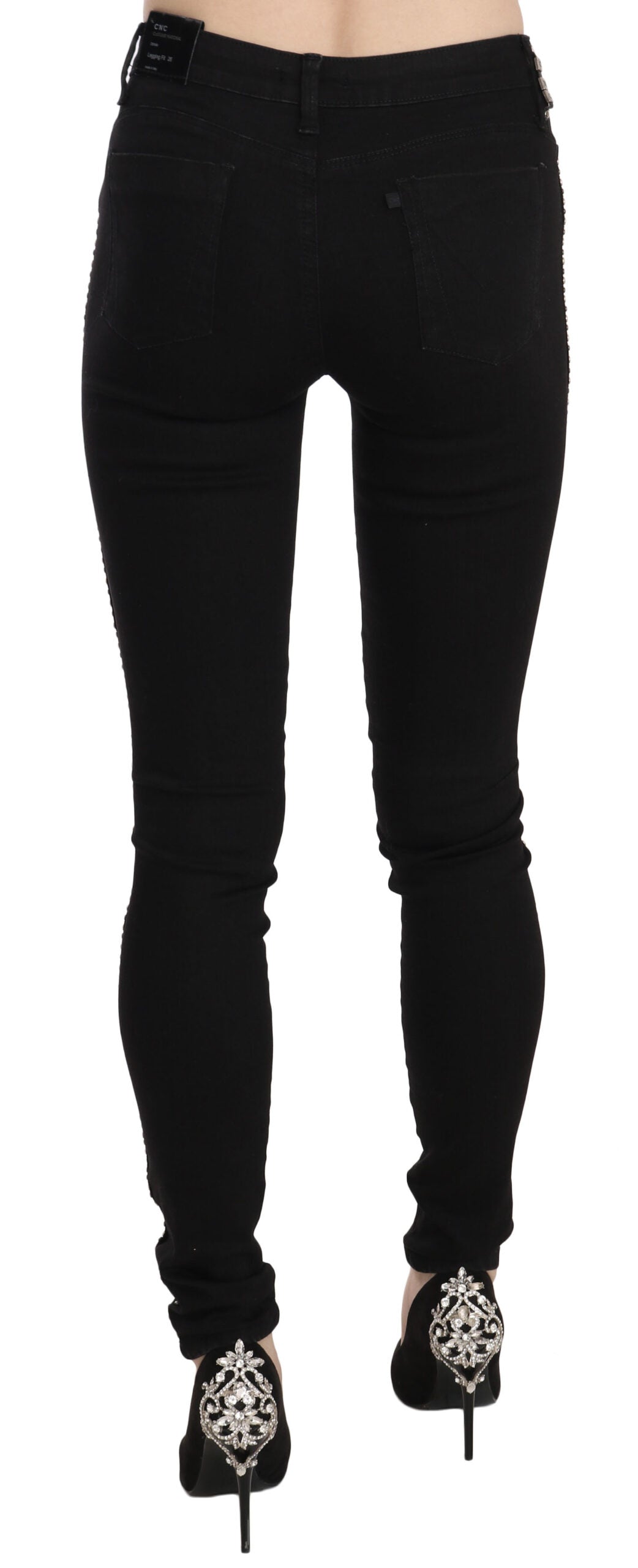 Black Embellished Mid Waist Skinny Denim Jeans - ventzia