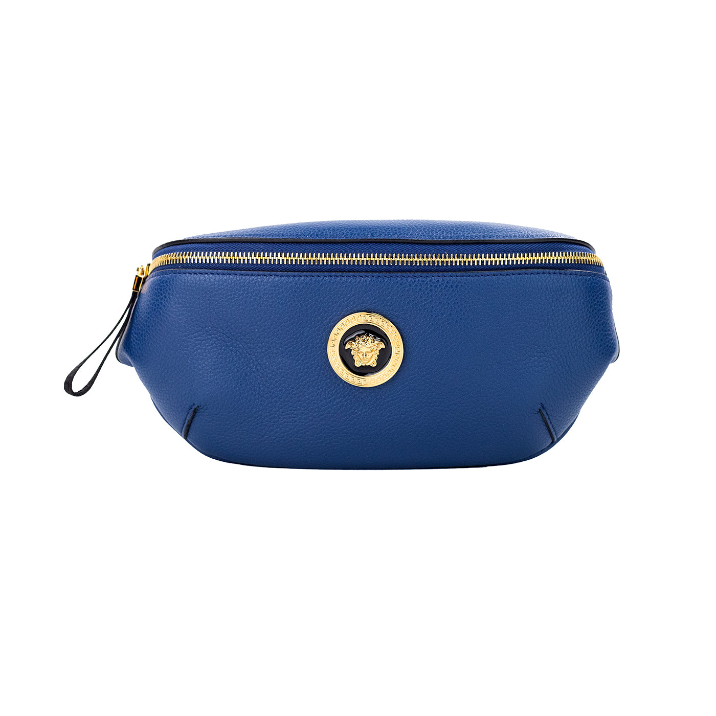 Small Navy Calf Leather Medusa Pendant Fanny Waist Pack Belt Bag - ventzia