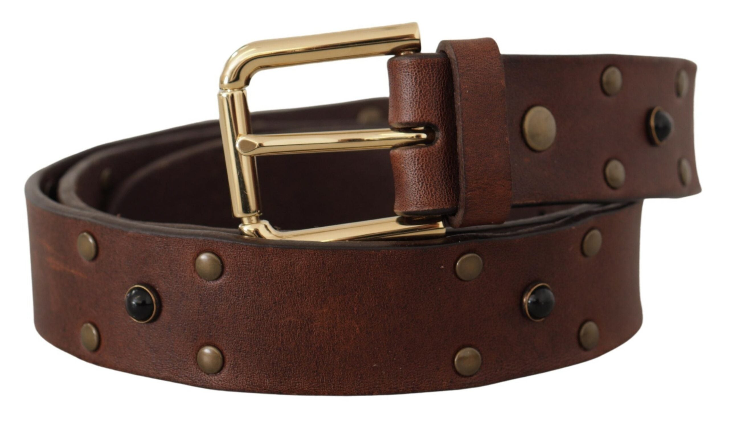 Brown Leather Studded Gold Tone Metal Buckle Belt - ventzia