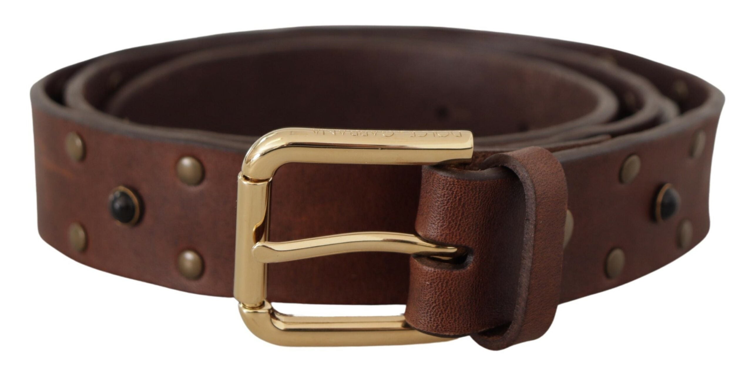 Brown Leather Studded Gold Tone Metal Buckle Belt - ventzia