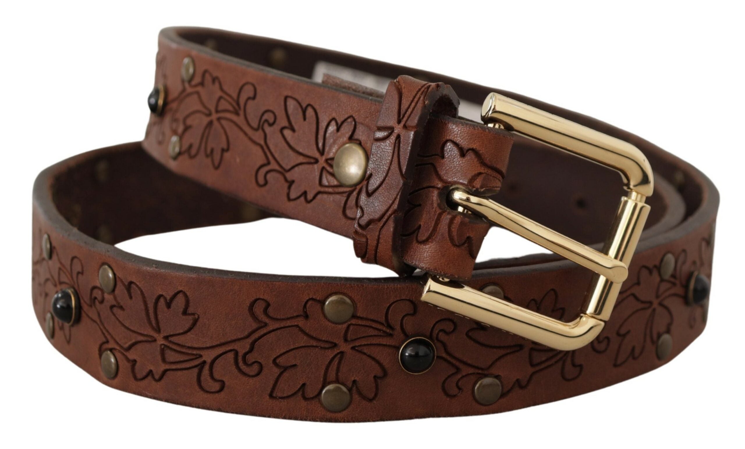 Brown Leather Floral Studded Metal Buckle Belt - ventzia