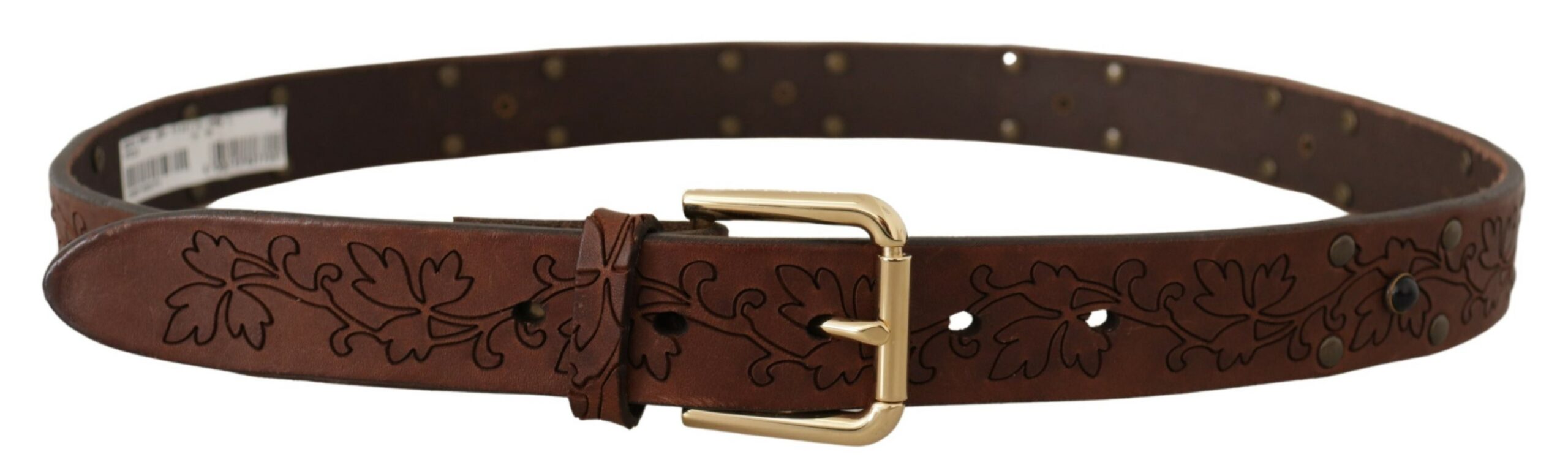 Brown Leather Floral Studded Metal Buckle Belt - ventzia
