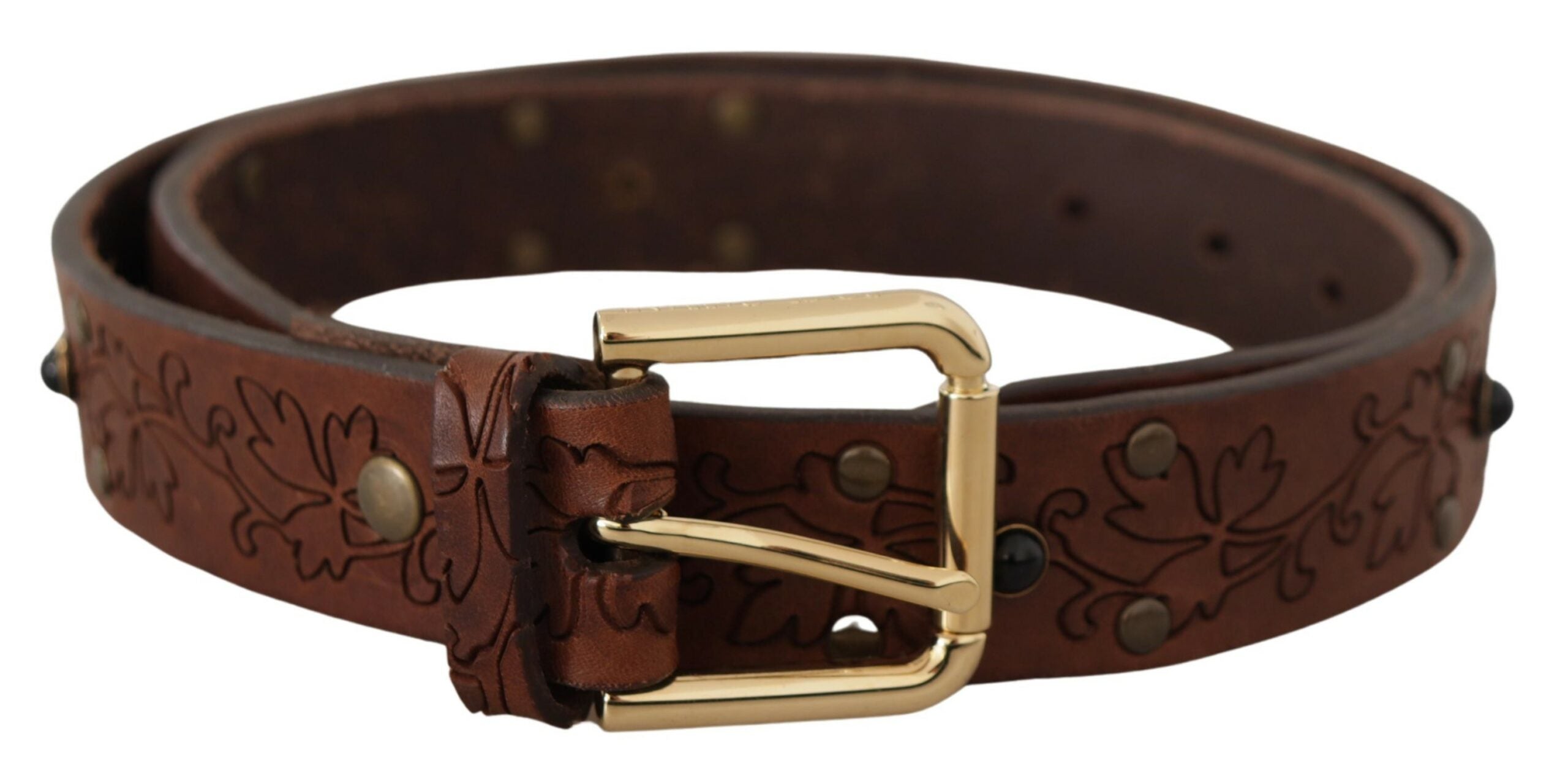 Brown Leather Floral Studded Metal Buckle Belt - ventzia