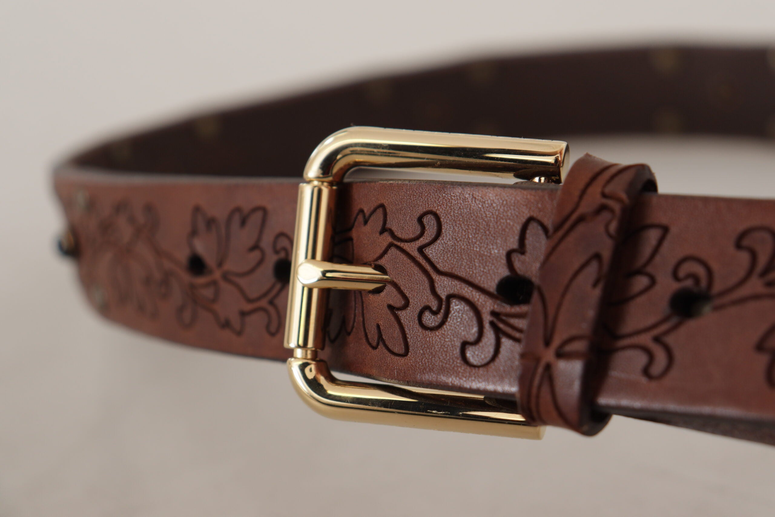 Brown Leather Floral Studded Metal Buckle Belt - ventzia