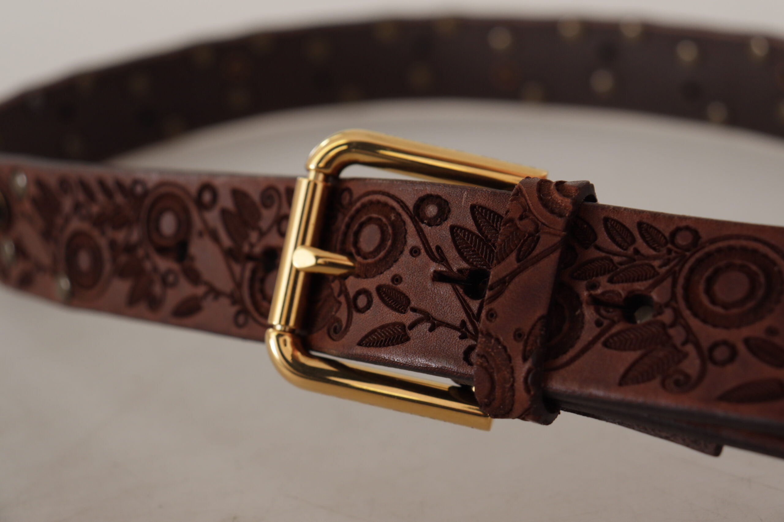Brown Calf Leather Embossed Gold Metal Buckle - ventzia
