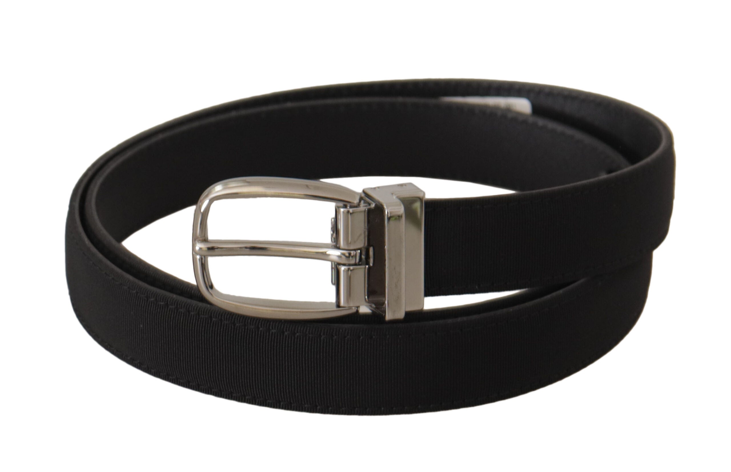 Black Calf Canvas Silver Tone Logo Metal Belt - ventzia