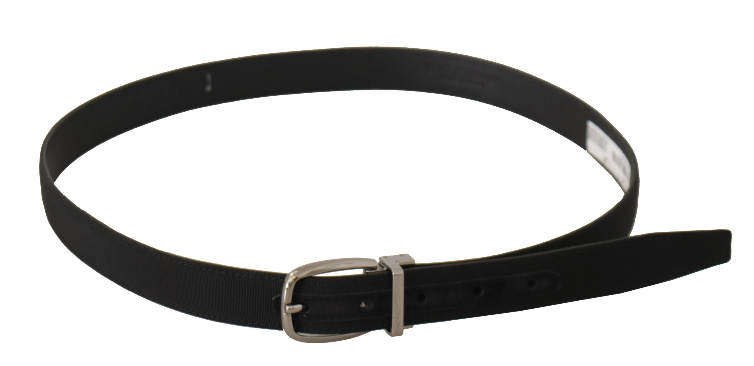 Black Calf Canvas Silver Tone Logo Metal Belt - ventzia