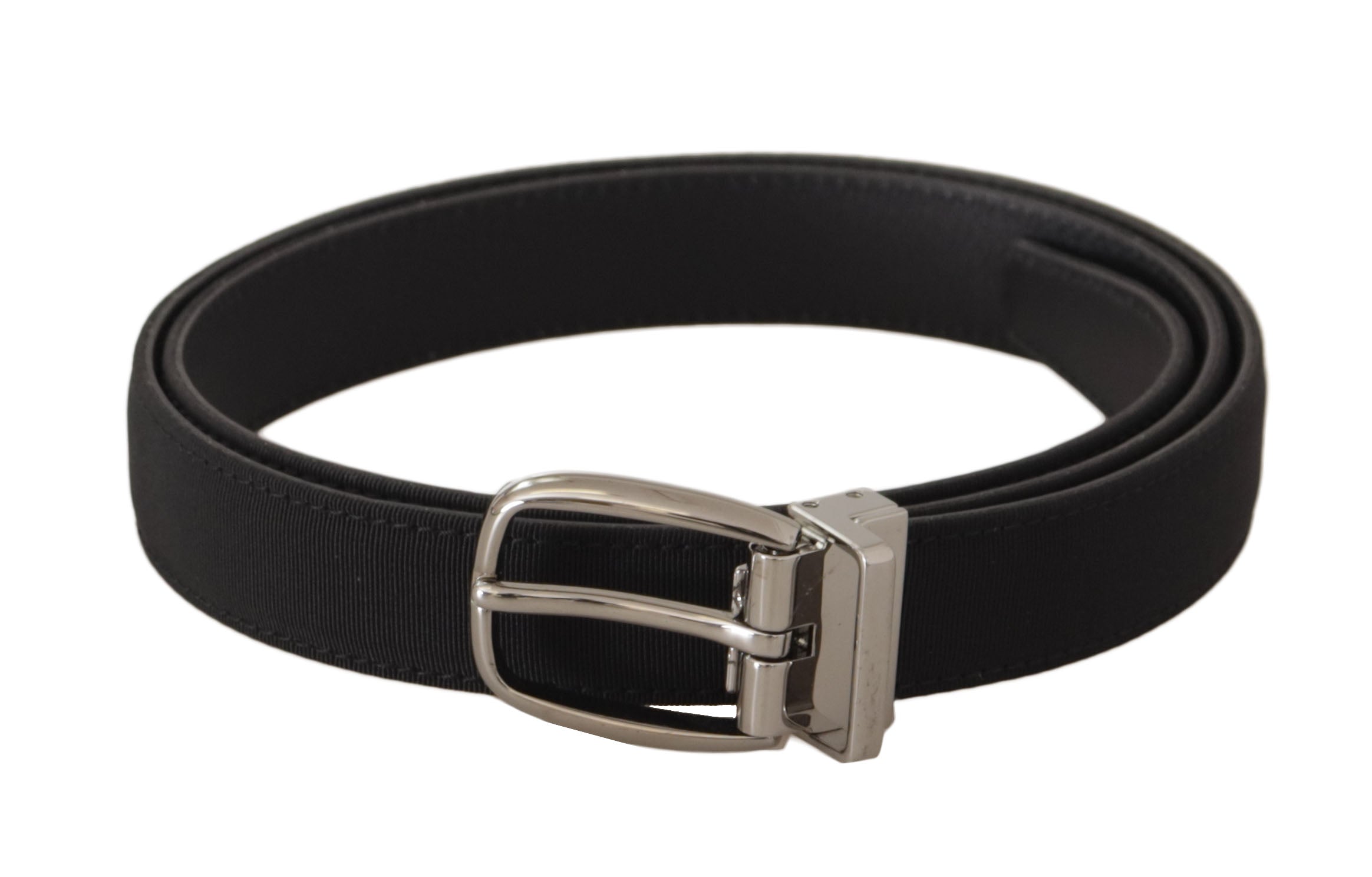 Black Calf Canvas Silver Tone Logo Metal Belt - ventzia