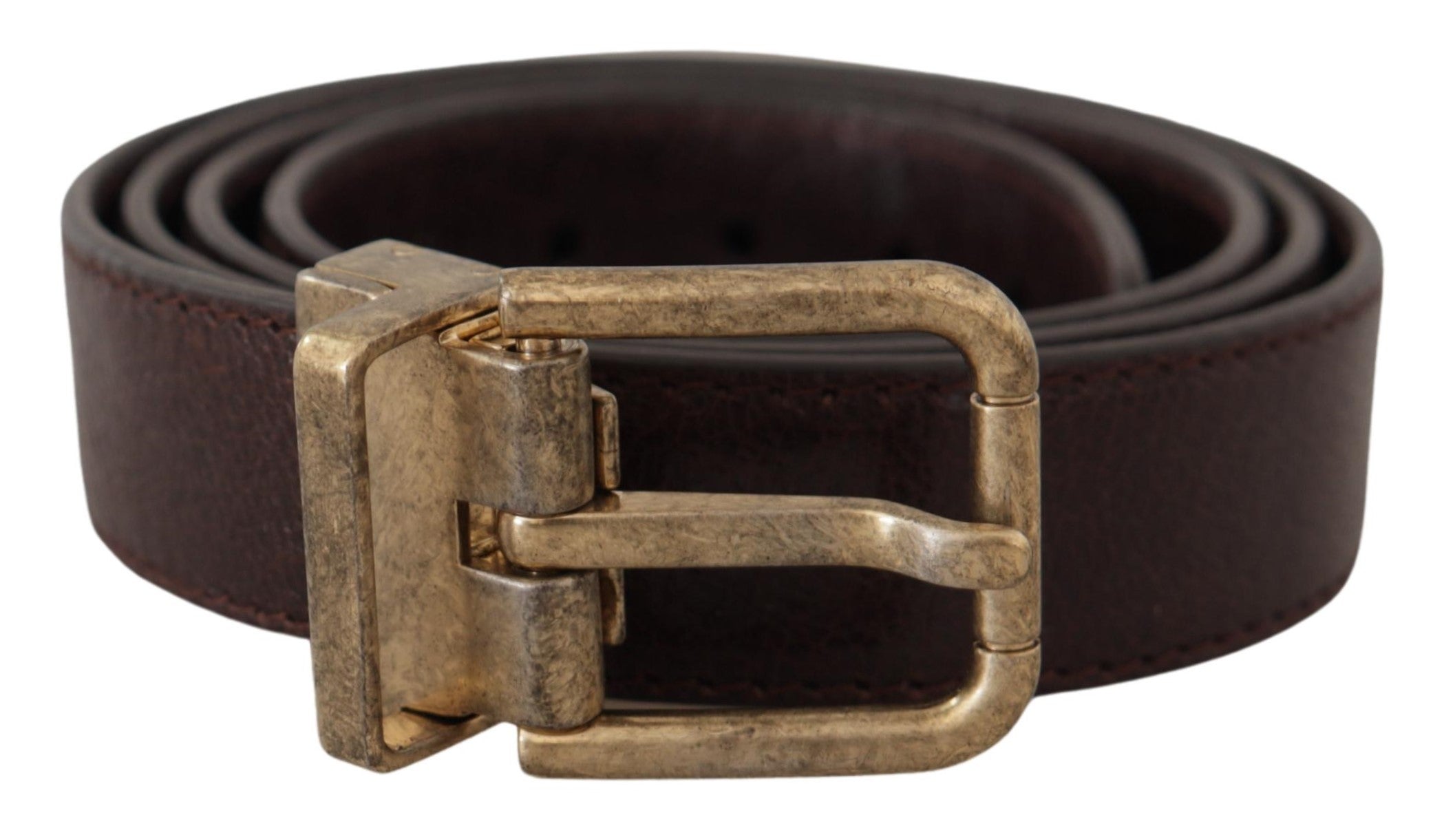 Brown Calf Leather Vintage Logo Metal Buckle Belt - ventzia