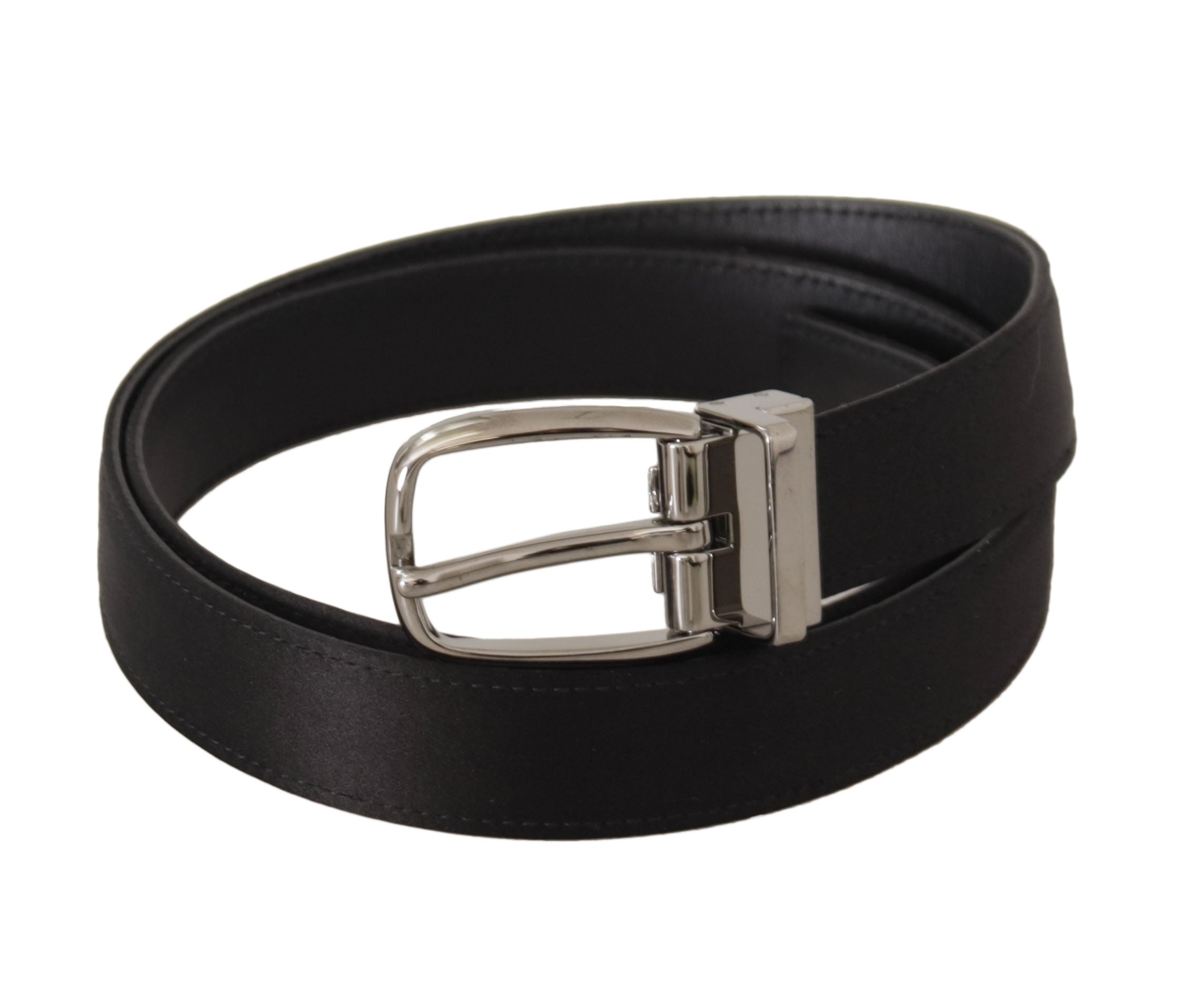 Black Calf Leather Silver Logo Metal Buckle Belt - ventzia