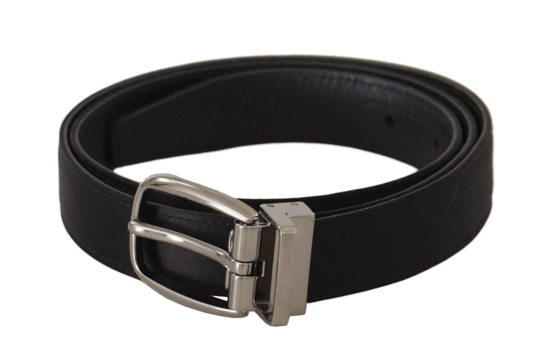 Black Calf Leather Silver Logo Metal Buckle Belt - ventzia