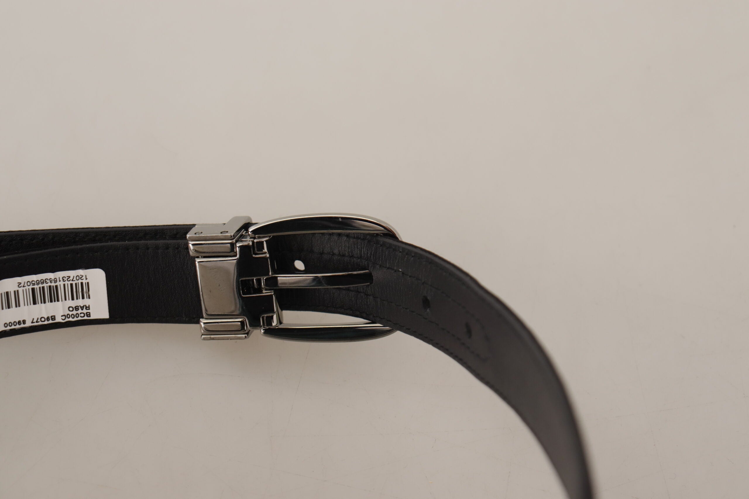 Black Calf Leather Silver Logo Metal Buckle Belt - ventzia