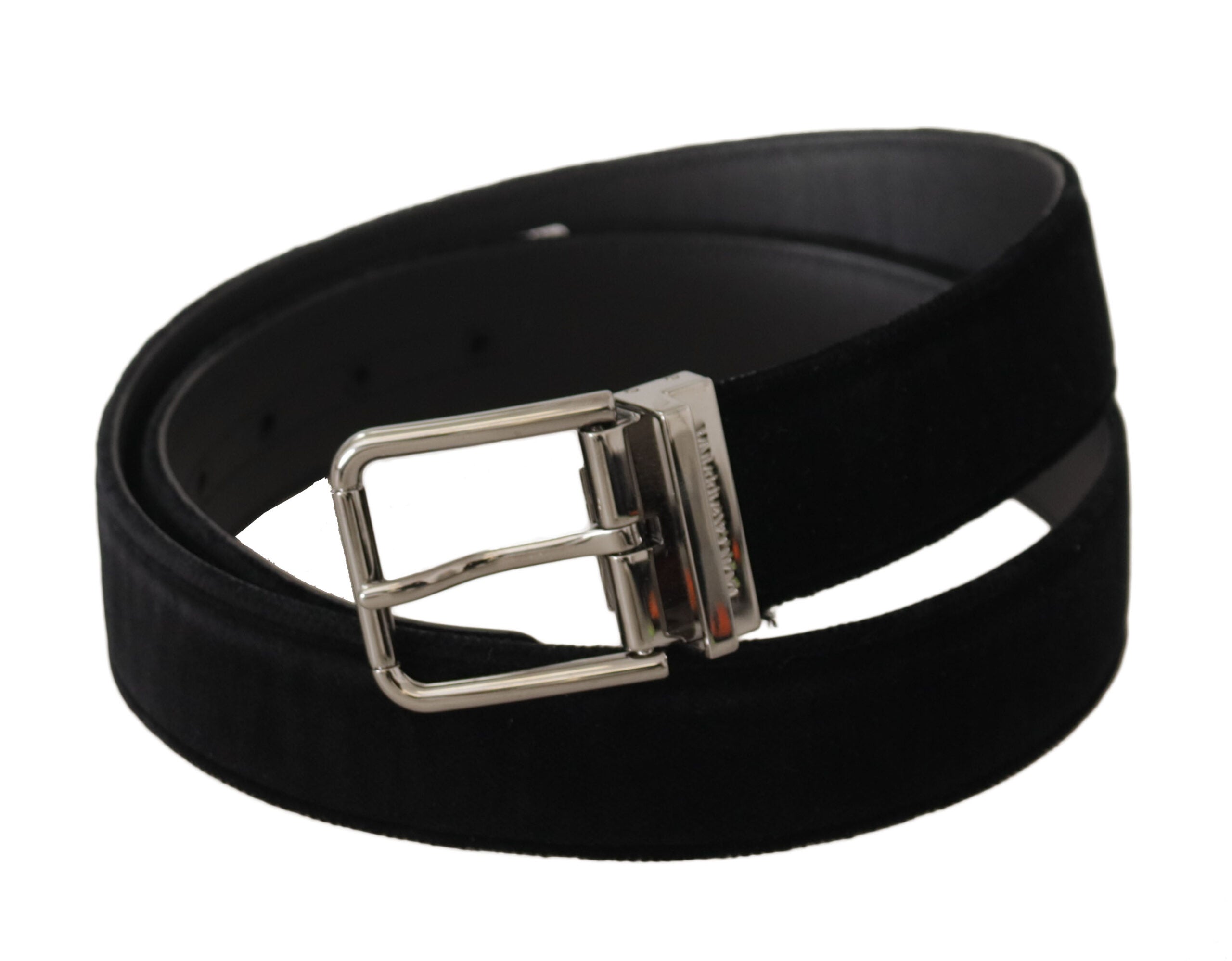 Black Velvet Silver Logo Engraved Metal Buckle Belt - ventzia