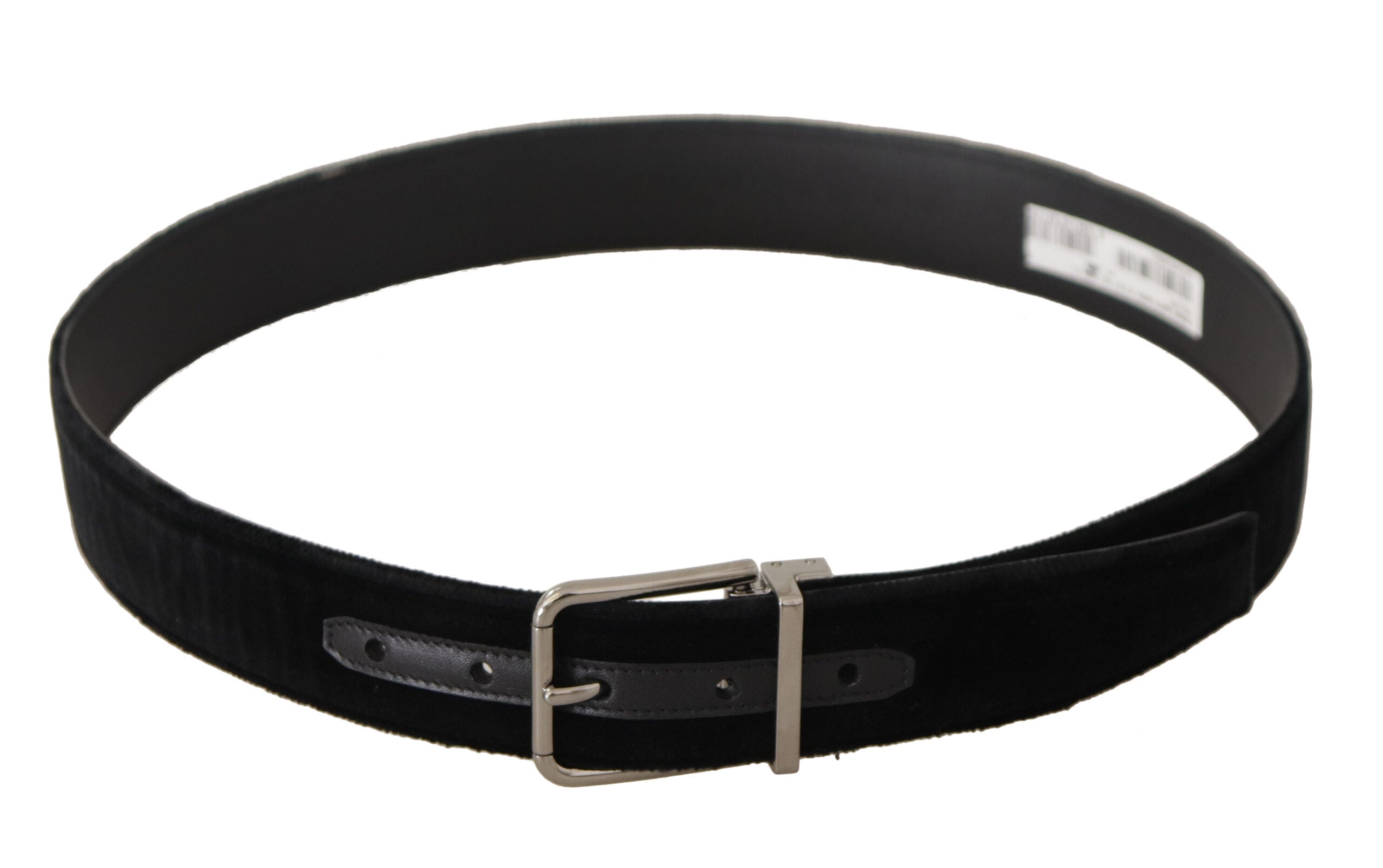 Black Velvet Silver Logo Engraved Metal Buckle Belt - ventzia