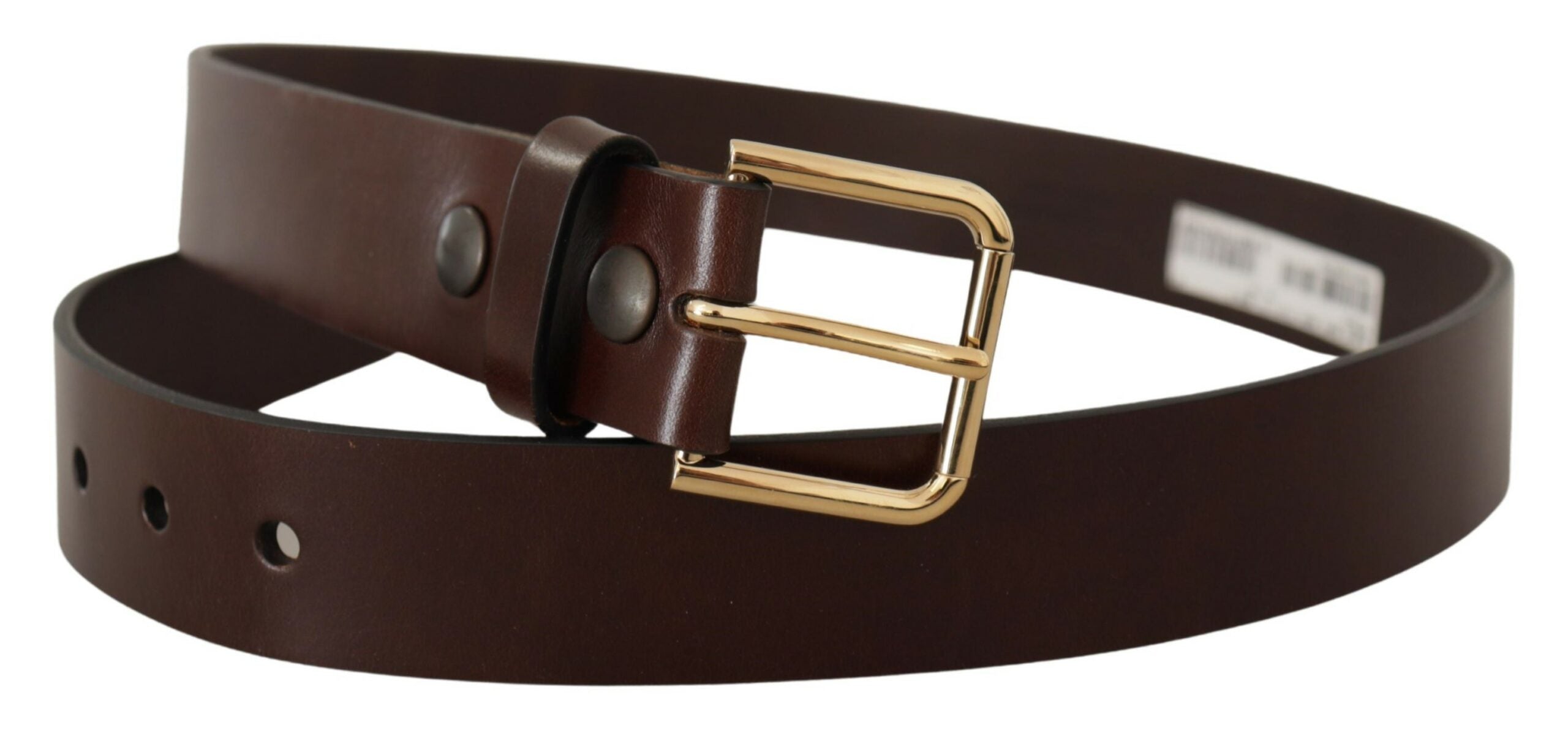 Brown Polished Leather Gold Tone Metal Buckle Belt - ventzia
