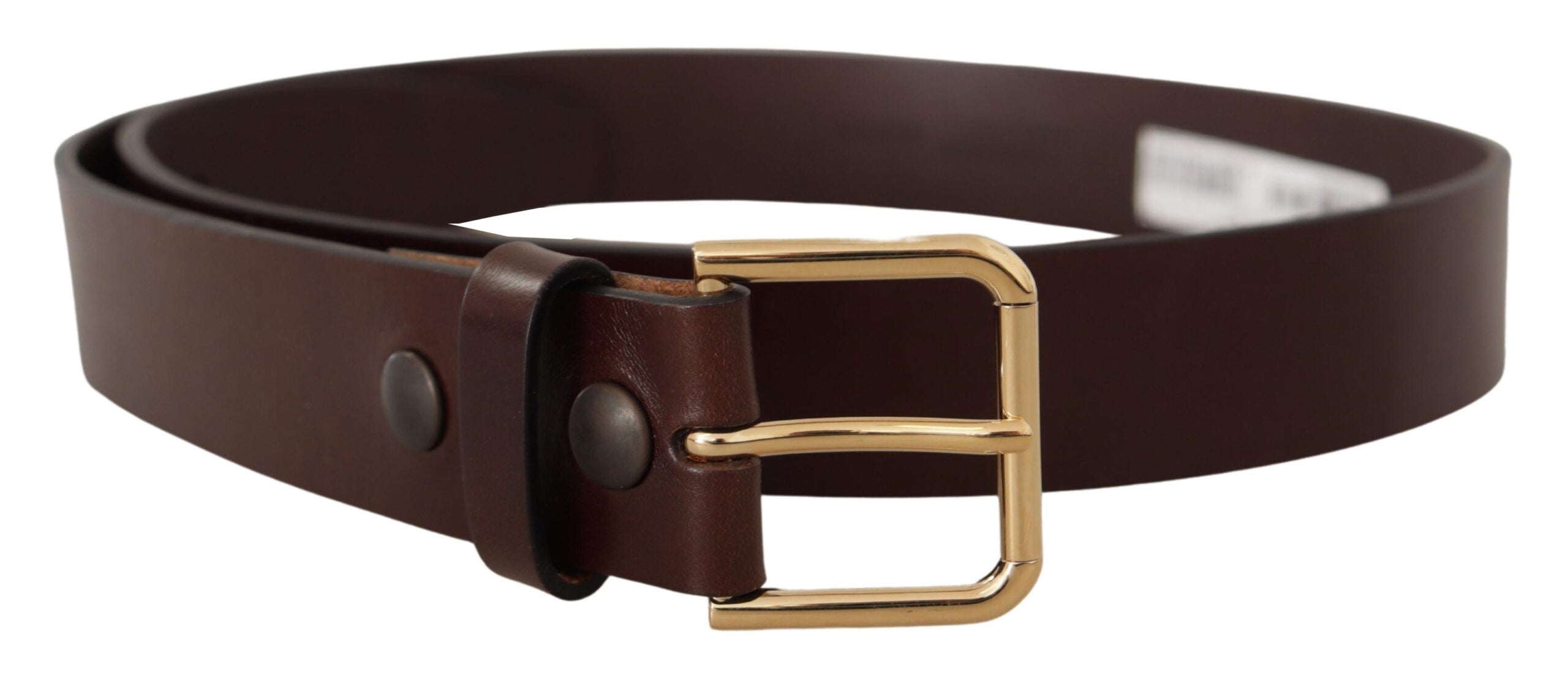 Brown Polished Leather Gold Tone Metal Buckle Belt - ventzia