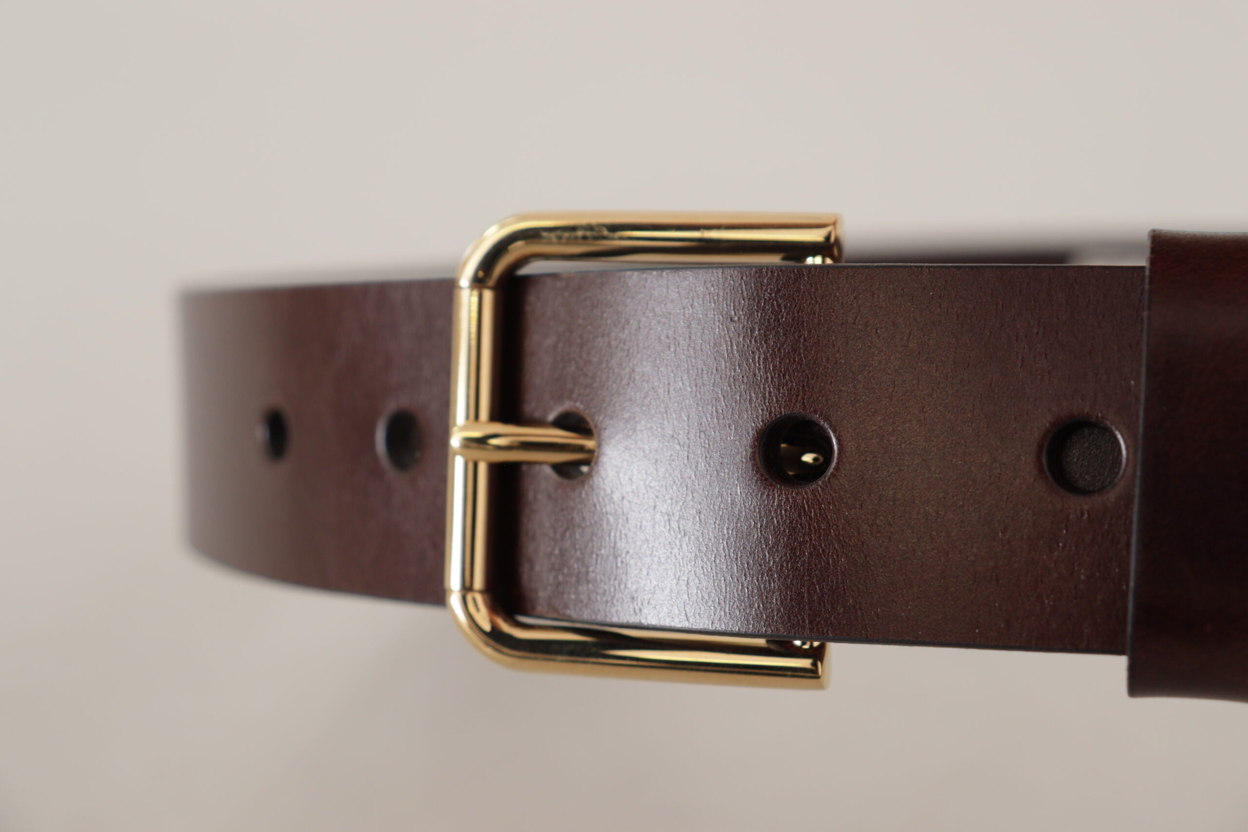Brown Polished Leather Gold Tone Metal Buckle Belt - ventzia
