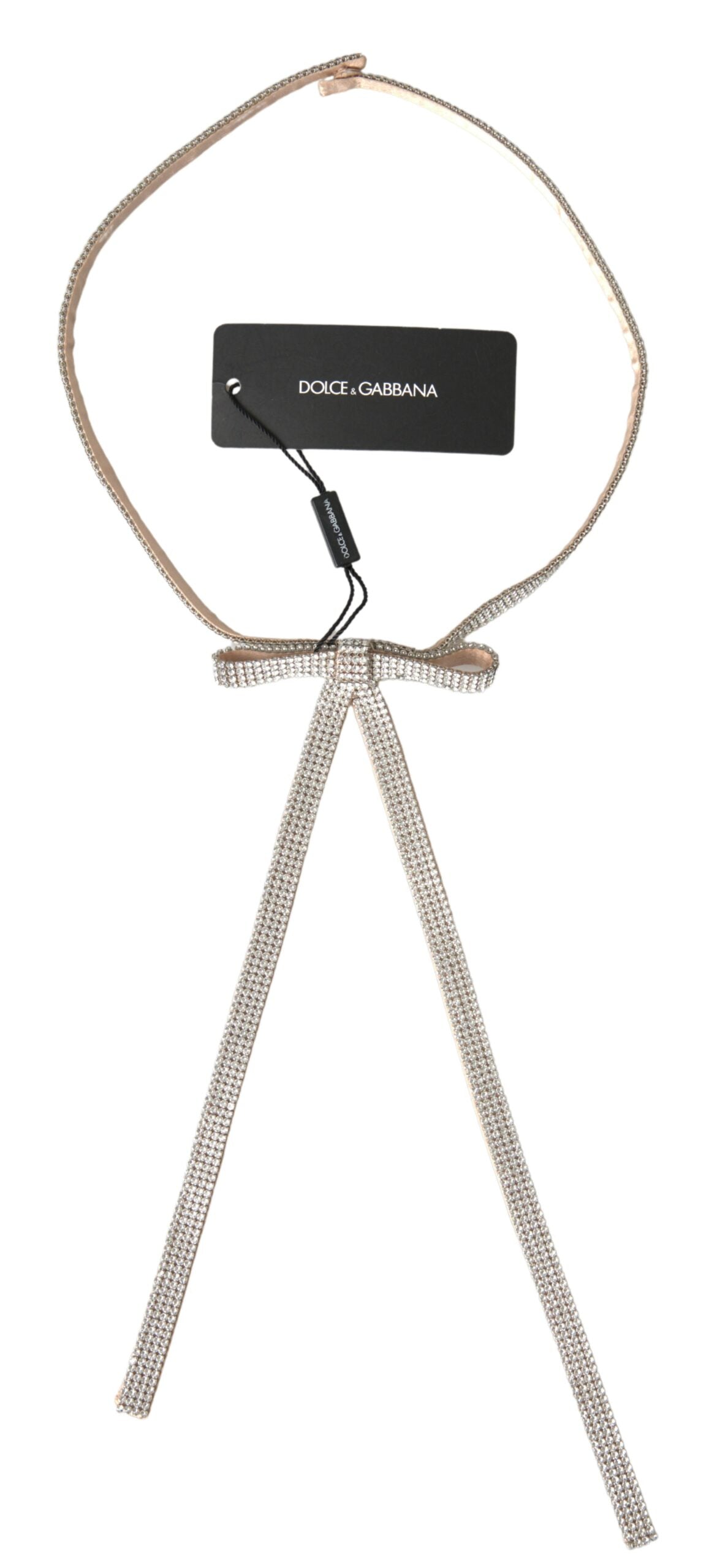 Beige Silk Clear Crystal Bow Waist Belt - ventzia