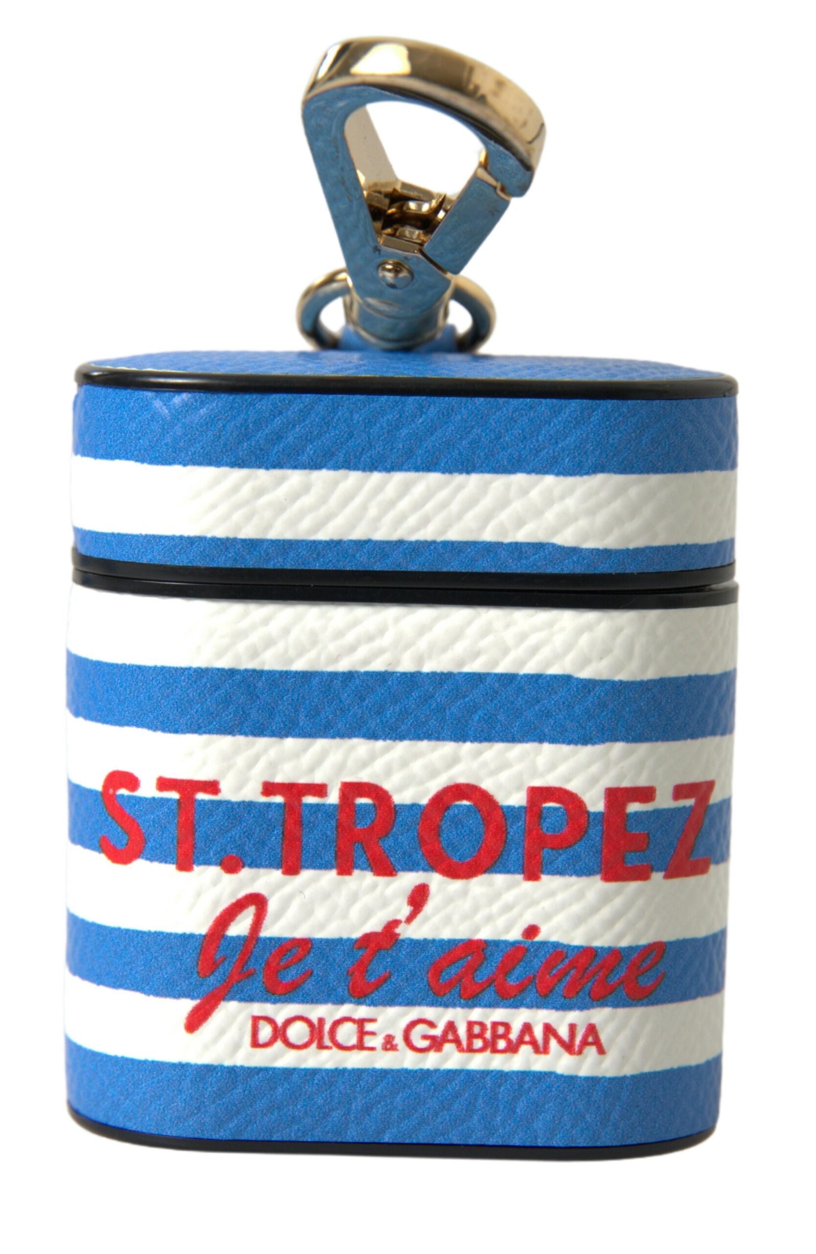 Blue Stripe Dauphine Leather Logo Print Airpod Case - ventzia