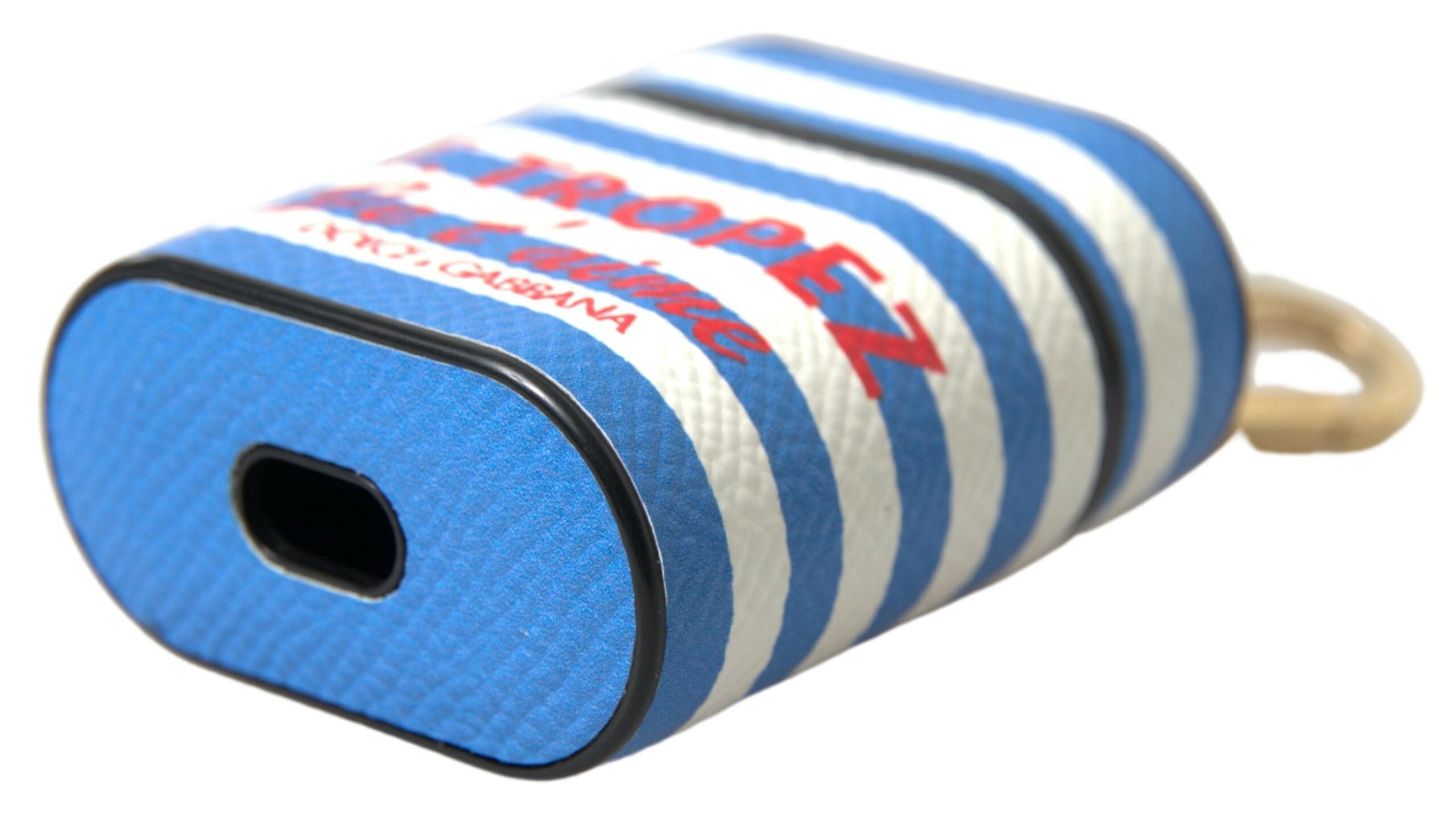 Blue Stripe Dauphine Leather Logo Print Airpod Case - ventzia