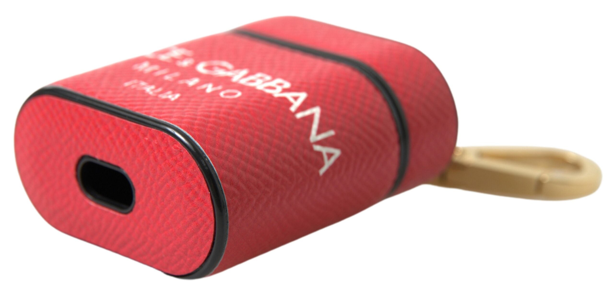 Red Leather Gold Tone Metal Logo Print Airpods Case - ventzia