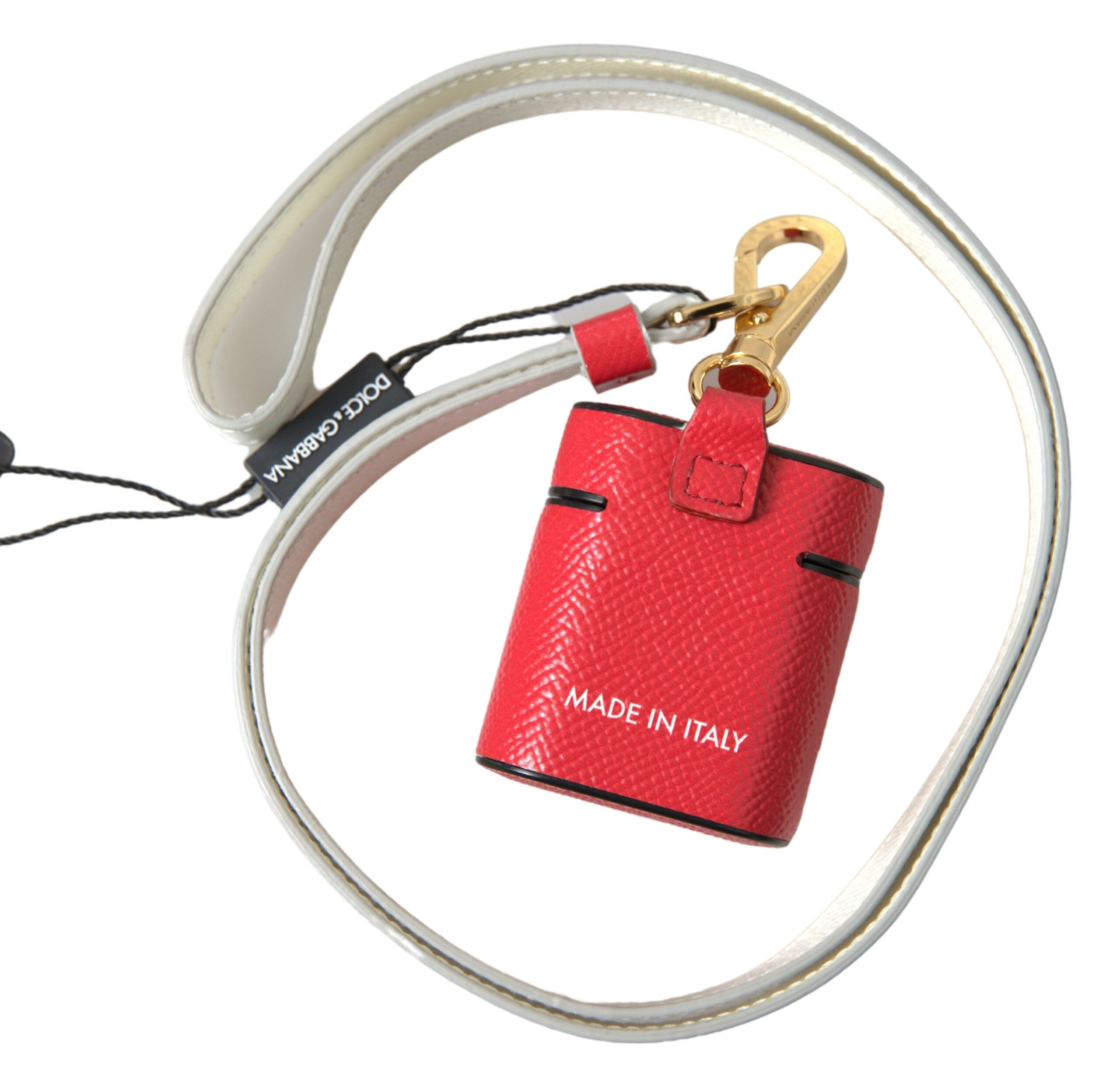 Red Leather Gold Tone Metal Logo Print Airpods Case - ventzia