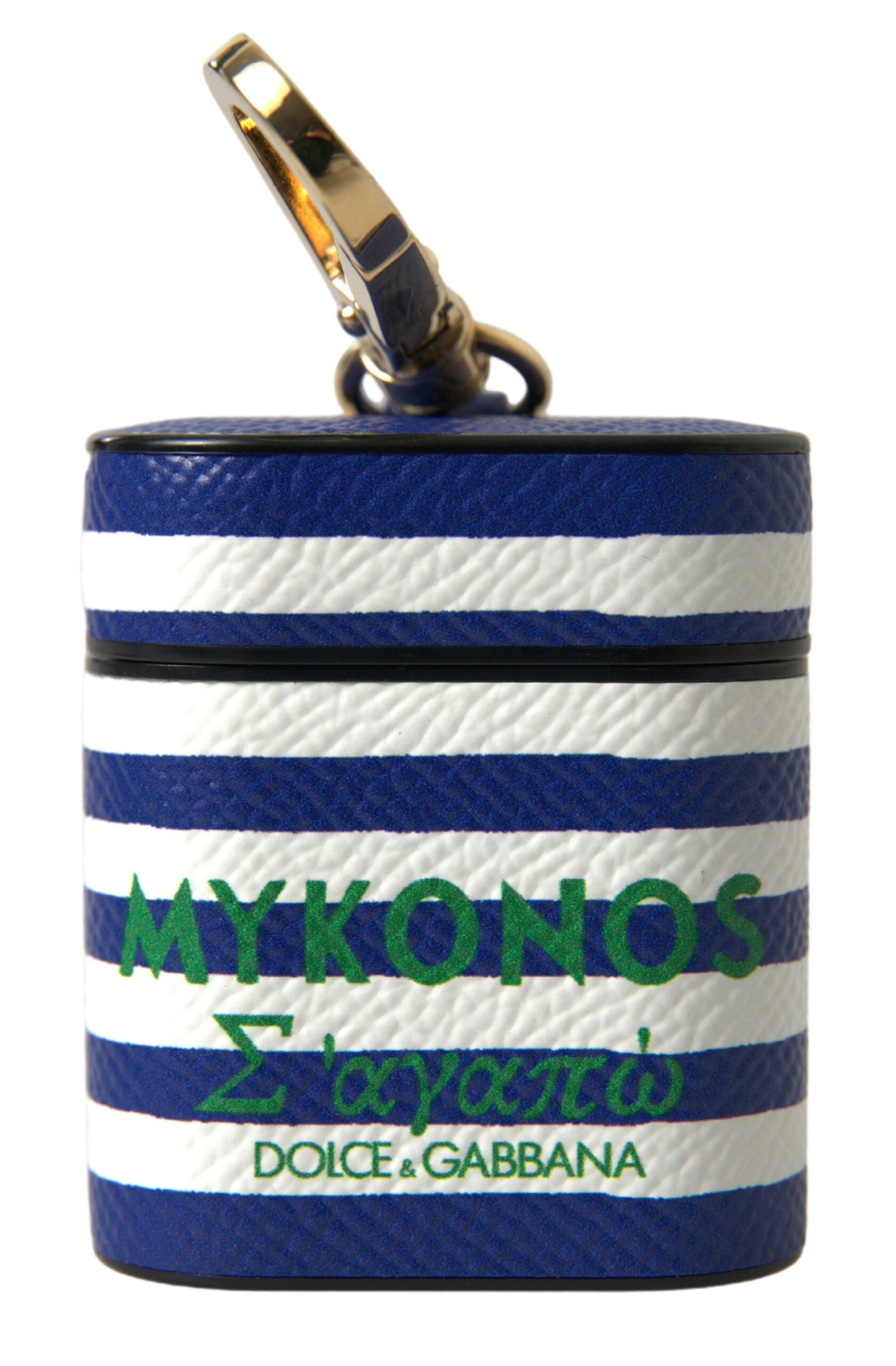 Blue Stripe Dauphine Leather Logo Print Strap Airpod Case - ventzia