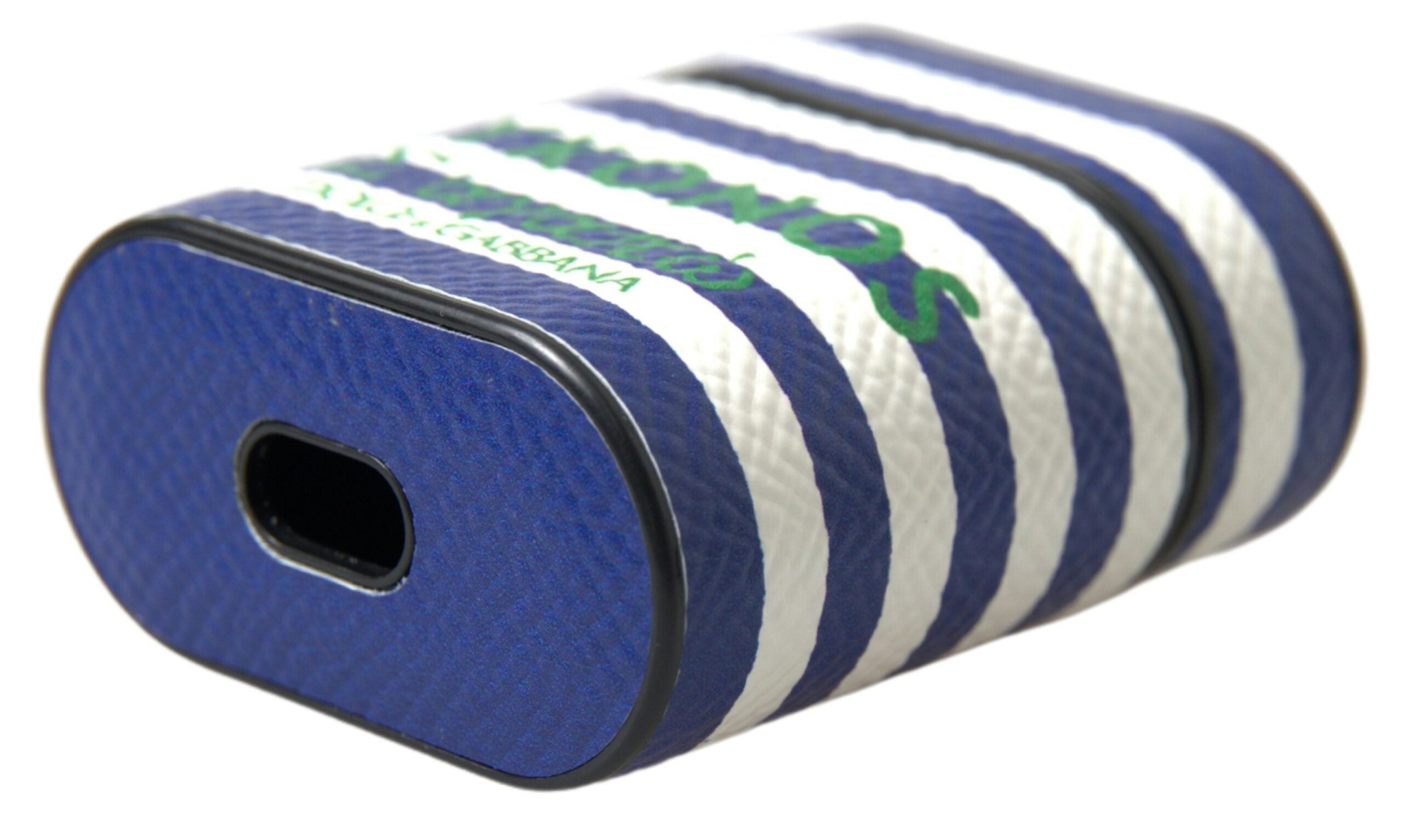 Blue Stripe Dauphine Leather Logo Print Strap Airpod Case - ventzia