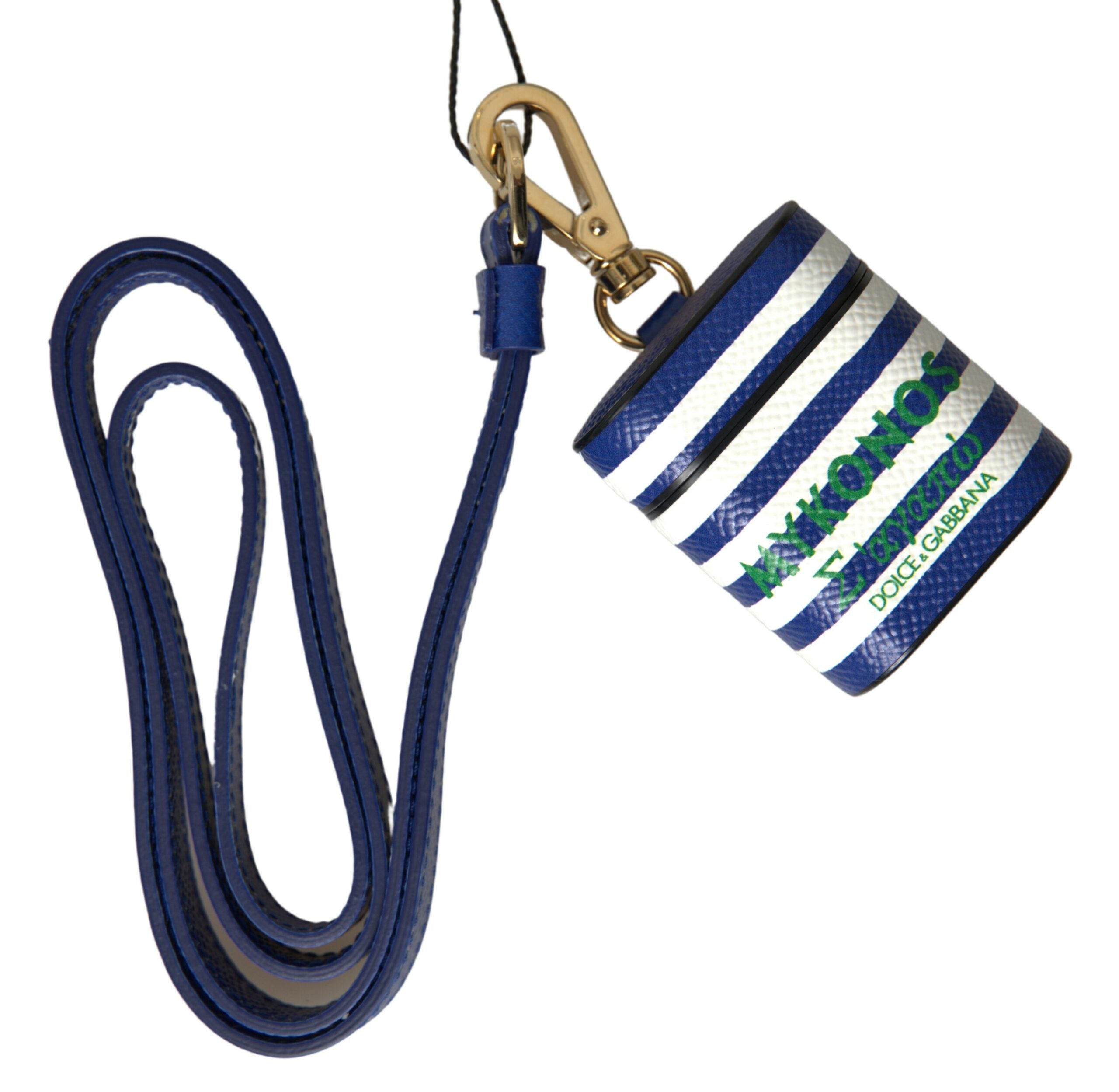 Blue Stripe Dauphine Leather Logo Print Strap Airpod Case - ventzia