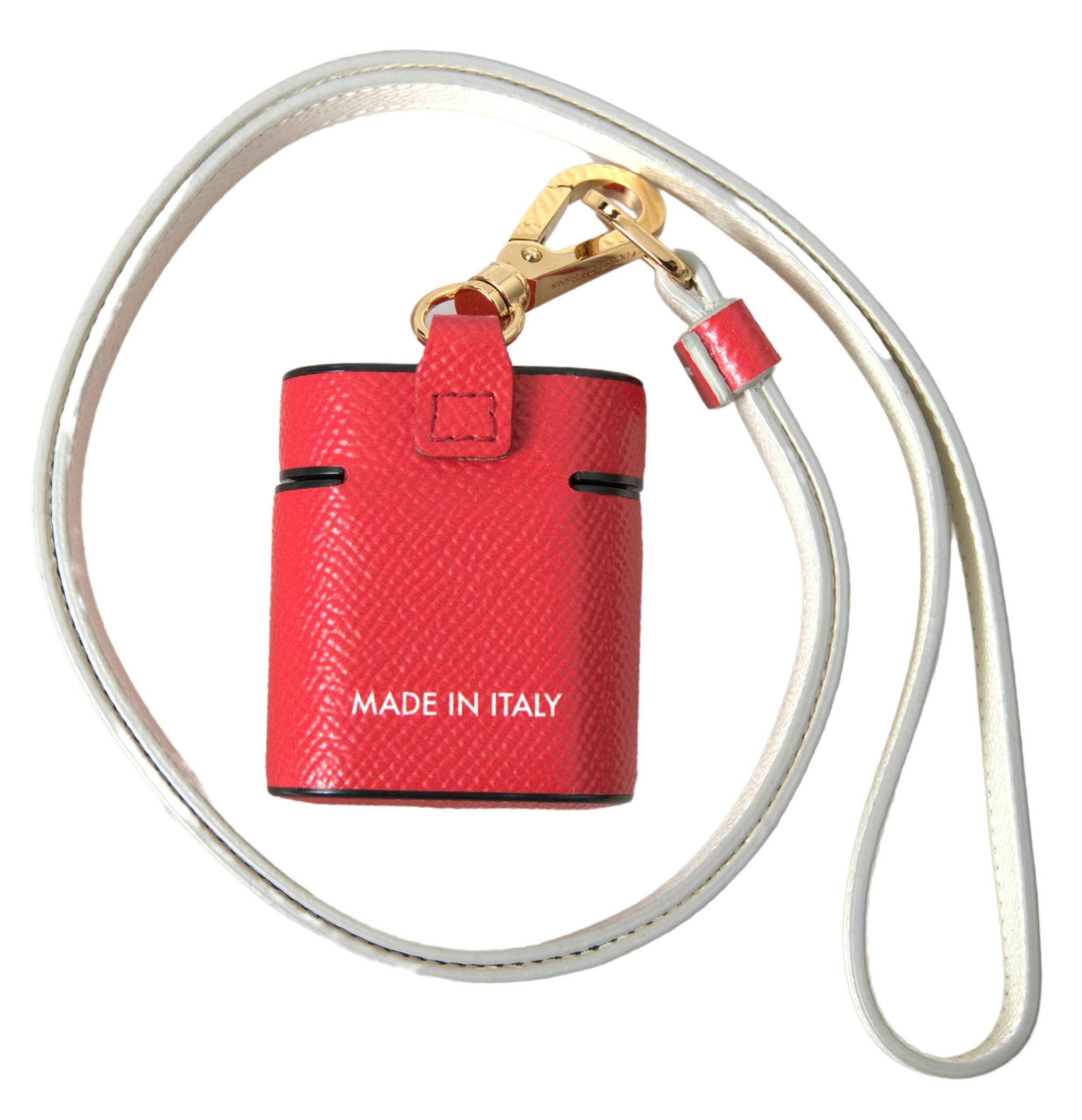Red Leather Gold Tone Metal Logo Print Strap Airpods Case - ventzia
