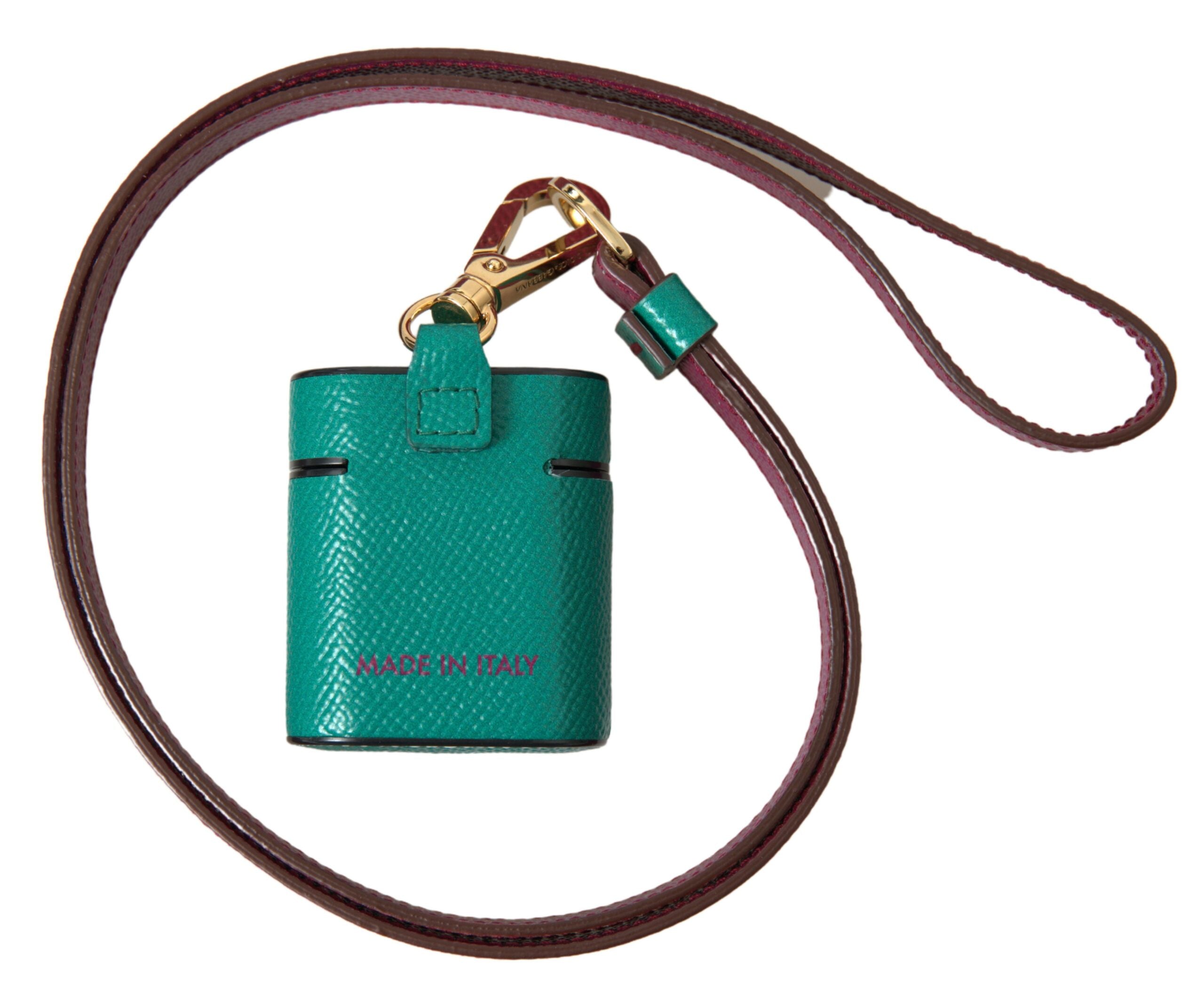 Green Maroon Calf Leather Logo Print Strap Airpods Case - ventzia