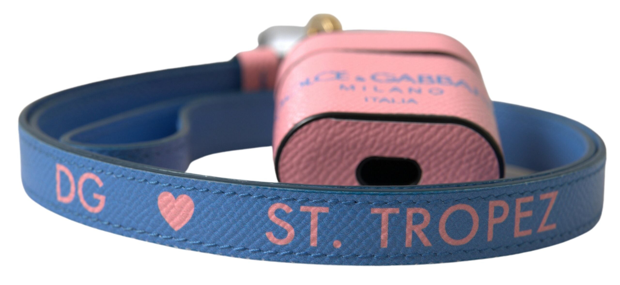 Pink Blue Calf Leather Logo Print Strap Airpods Case - ventzia