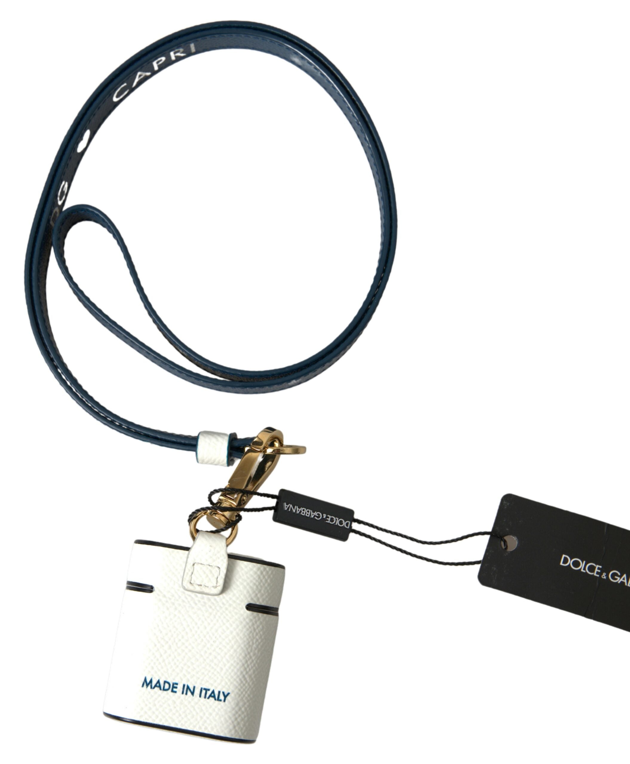 White Blue Calf Leather Logo Print Strap Airpods Case - ventzia