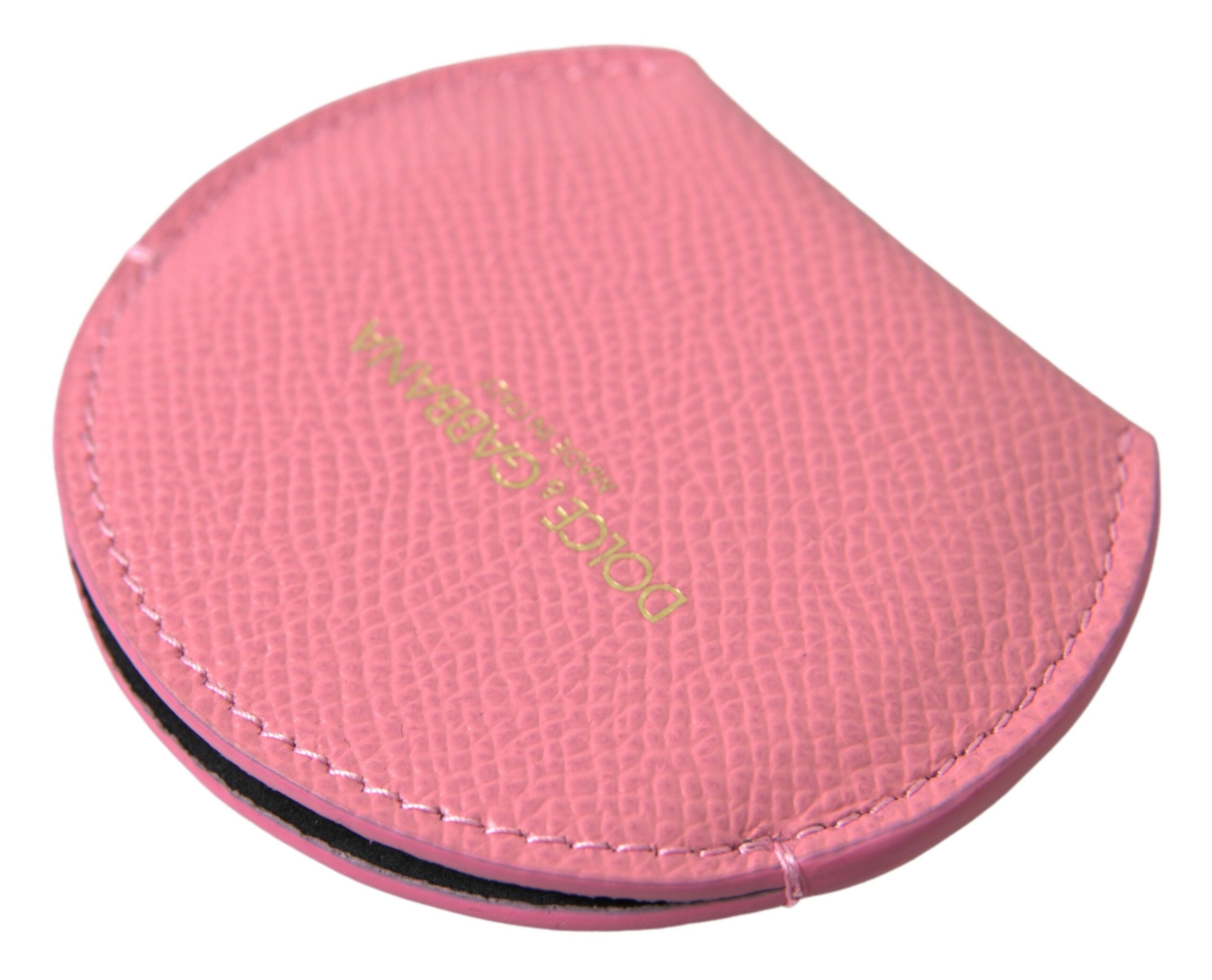 Pink Calfskin Leather Round Logo Print Hand Mirror Holder - ventzia