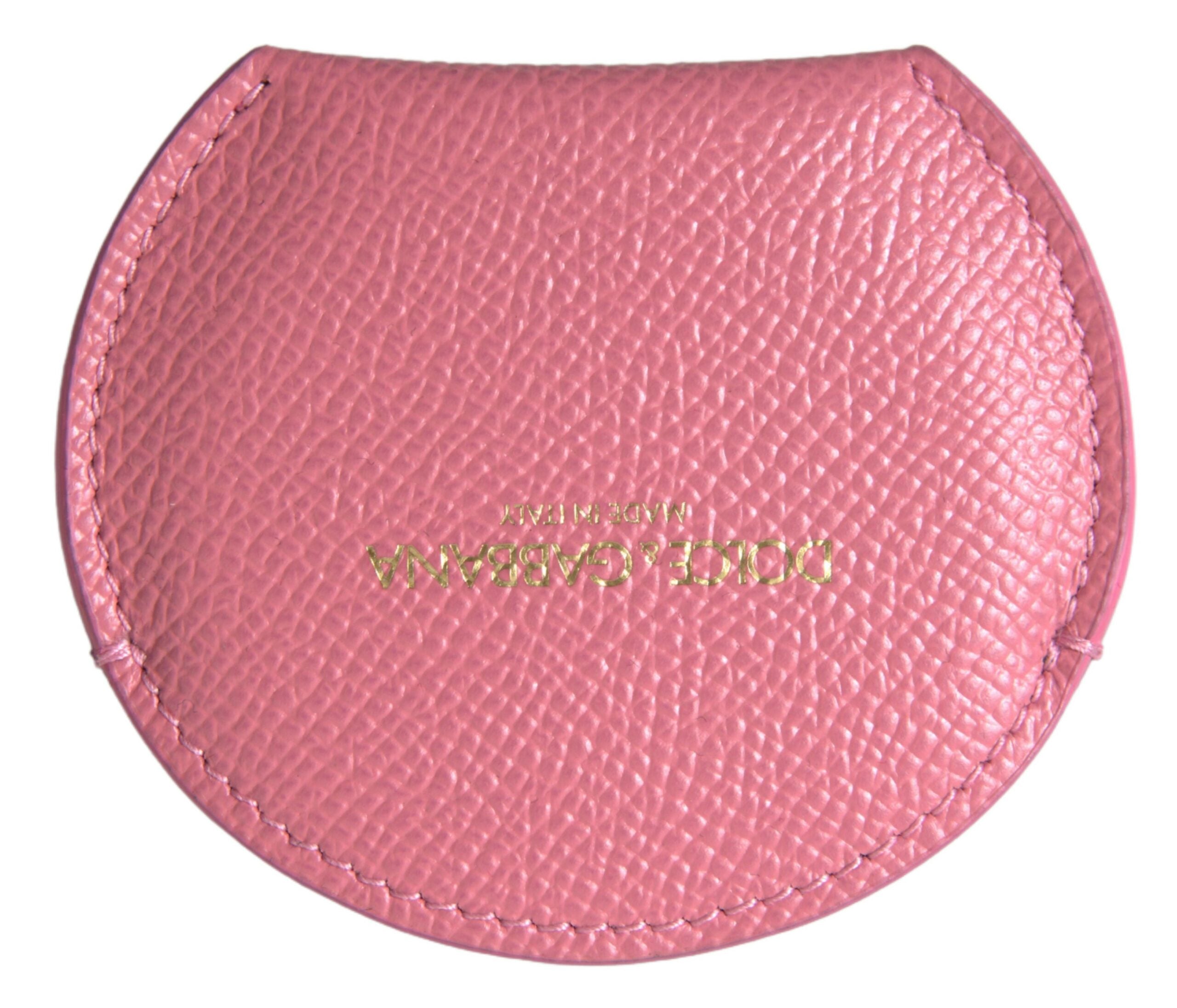 Pink Calfskin Leather Round Logo Print Hand Mirror Holder - ventzia