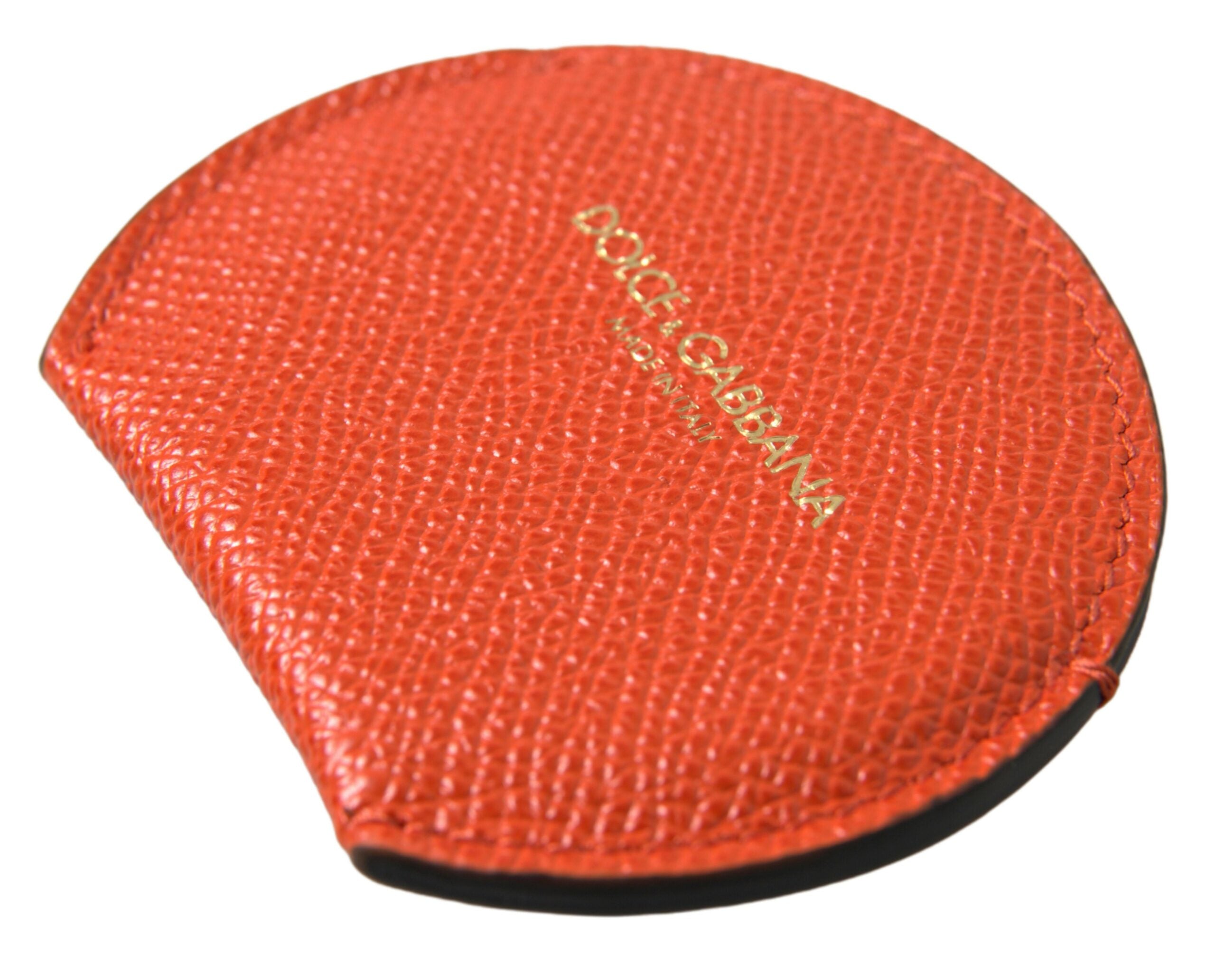 Orange Calfskin Leather Round Logo Hand Mirror Holder - ventzia