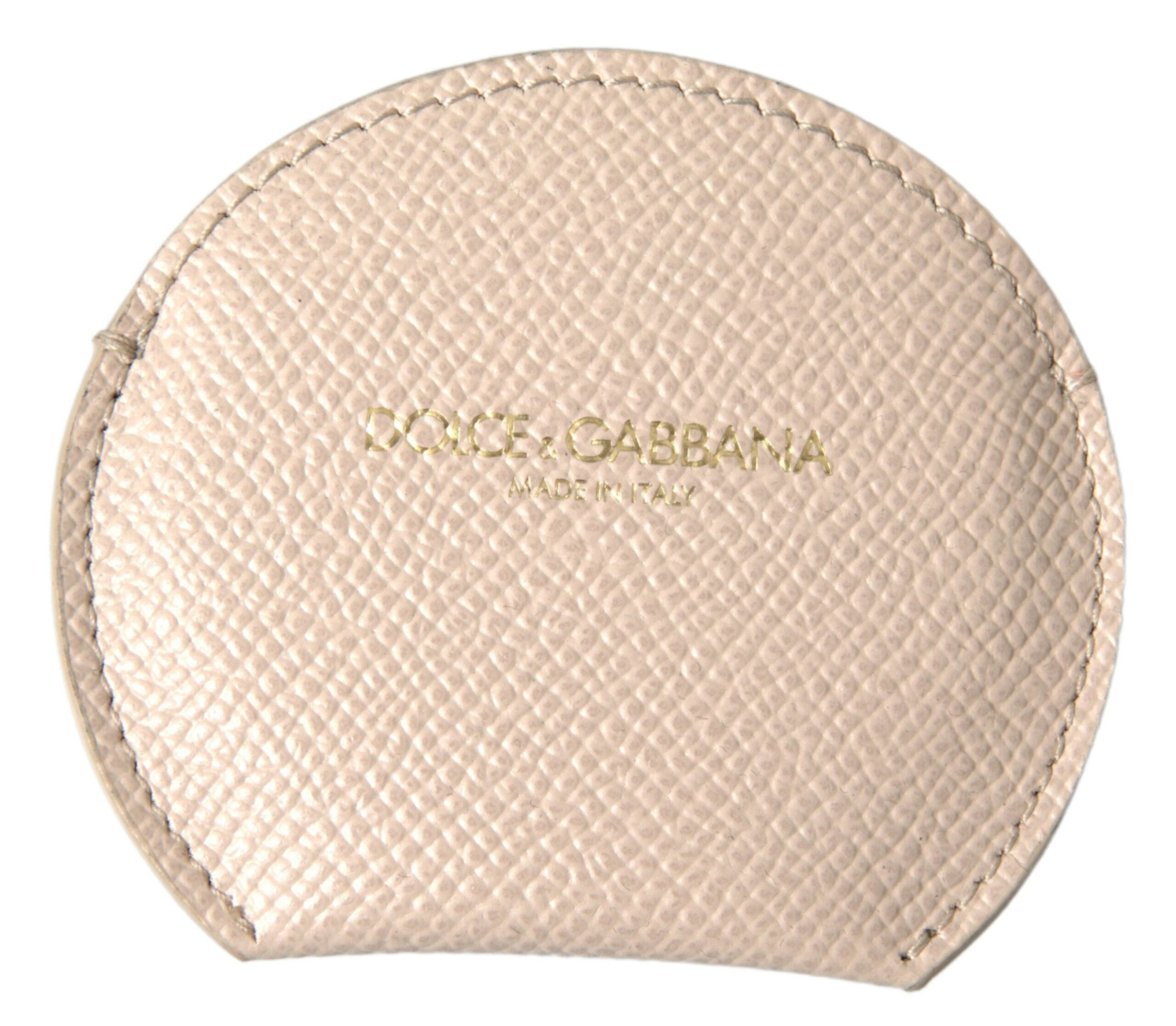 Beige Calfskin Leather Round Logo Hand Mirror Holder - ventzia