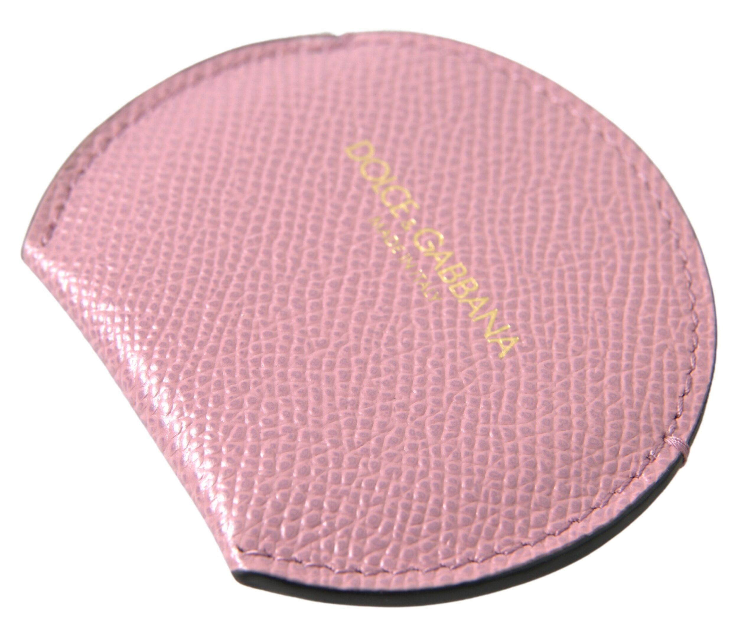 Pink Calfskin Leather Round Logo Print Hand Mirror Holder - ventzia