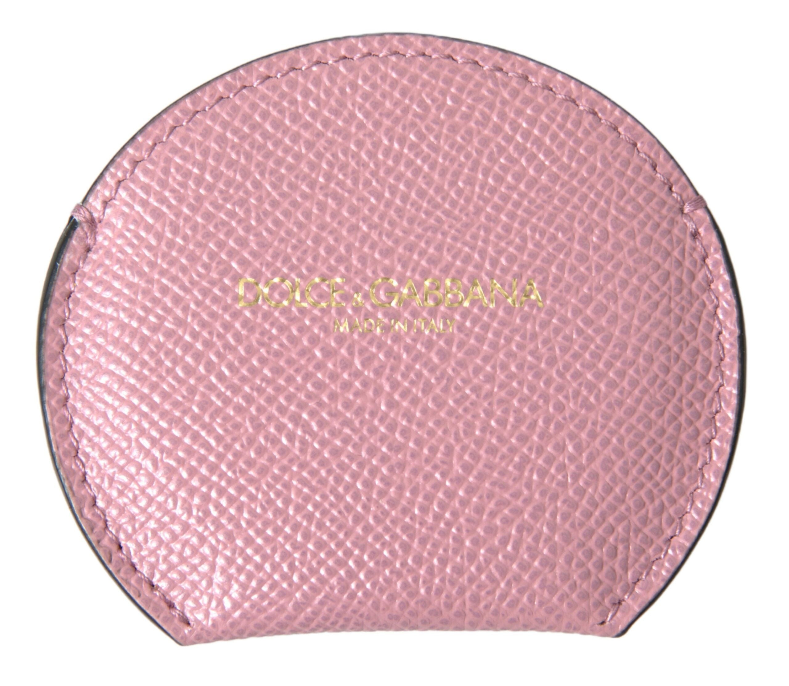 Pink Calfskin Leather Round Logo Print Hand Mirror Holder - ventzia