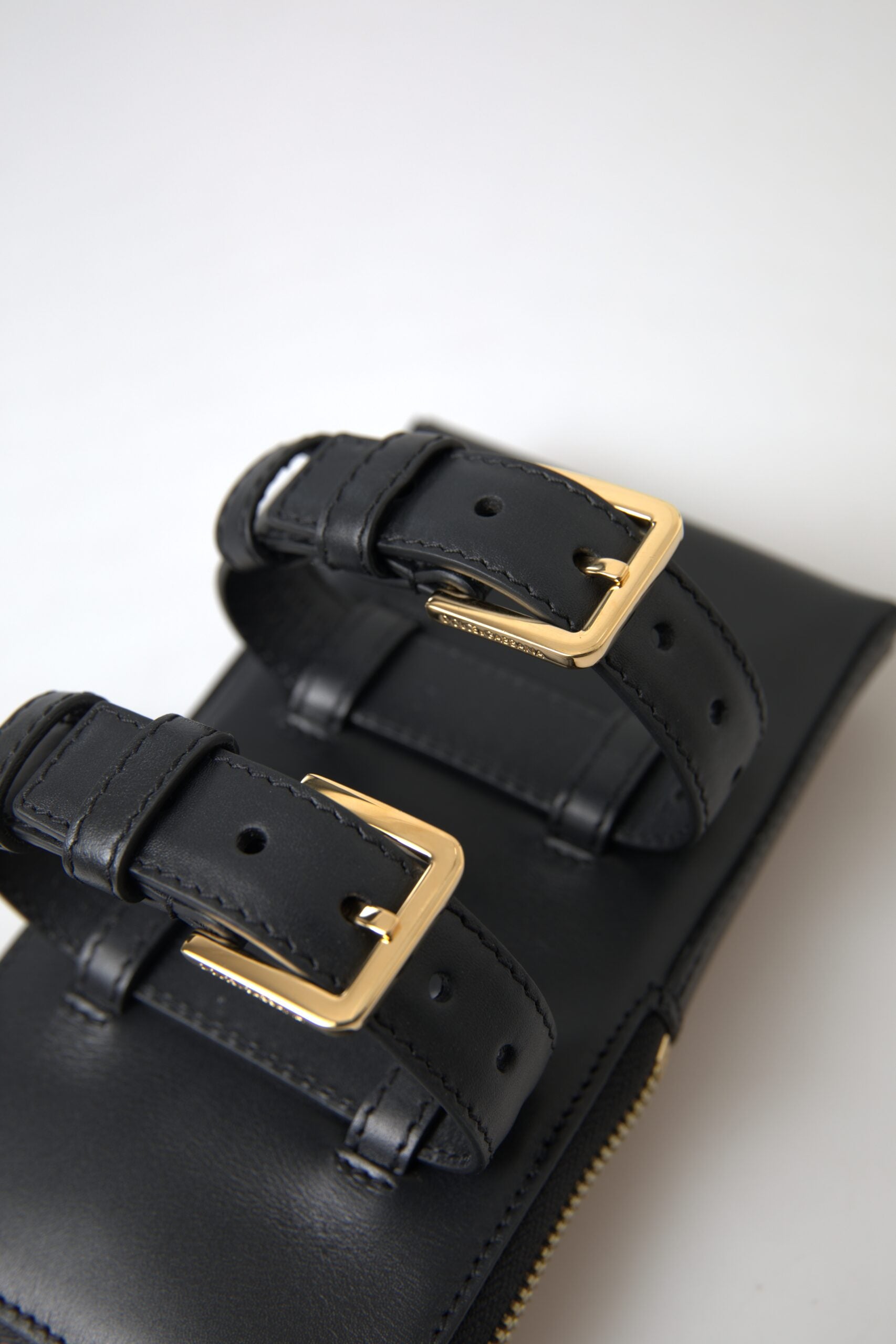 Black Leather Men Purse Double Belt Strap Bracelet Bag - ventzia